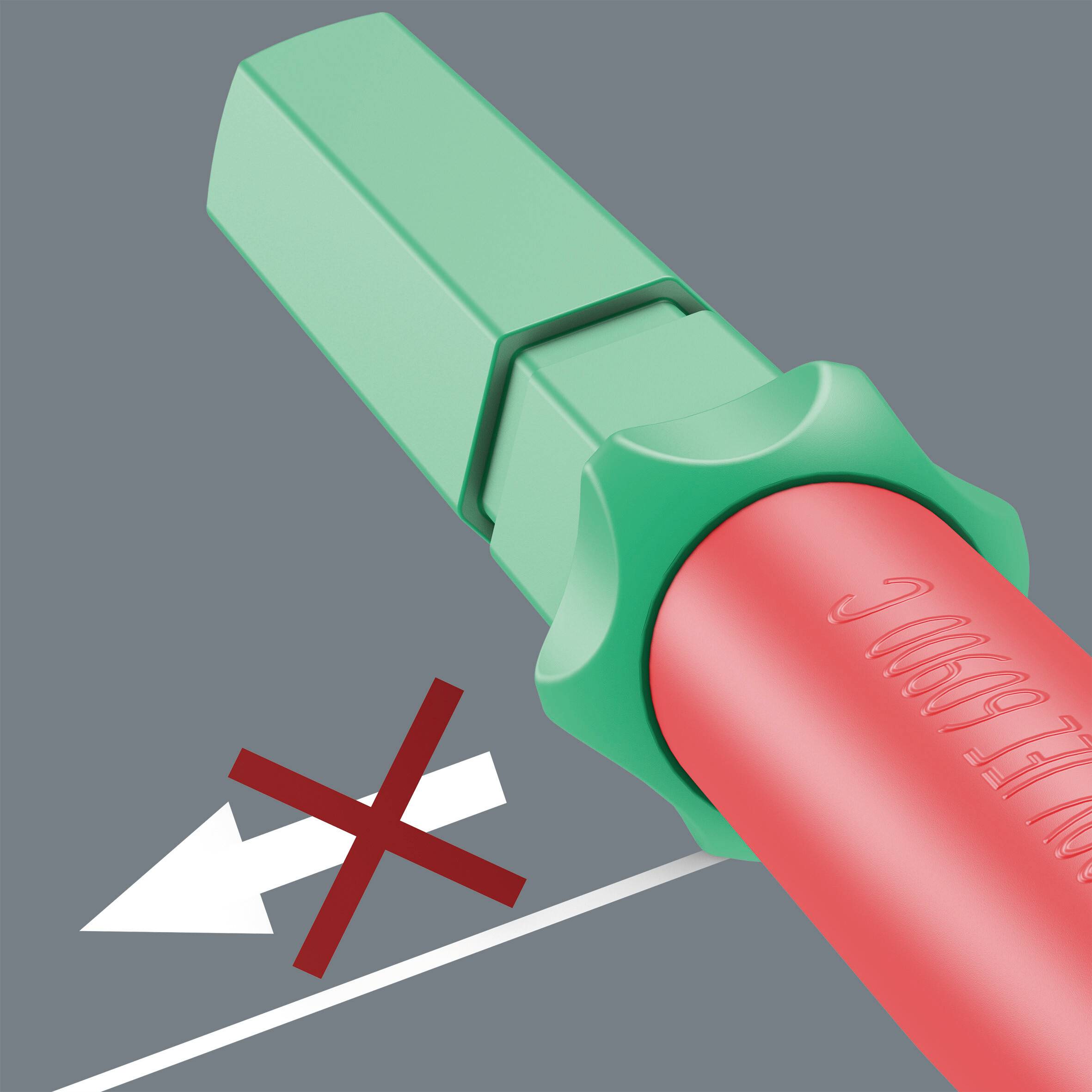 Illustration eines stabilen Bleistifts bei falscher Schneidehaltung. Ein rotes X zeigt die falsche Richtung an.