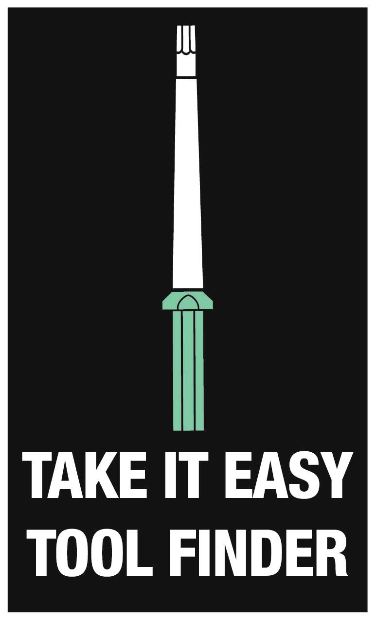 Ein stilisiertes Werkzeug mit Text 'TAKE IT EASY TOOL FINDER' darunter.