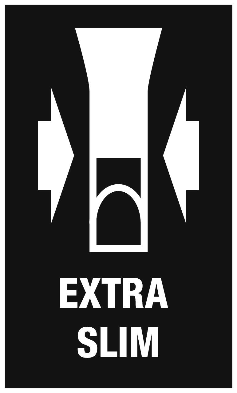 Schwarzes Schild mit weißem Pfeilsymbol nach unten und den Worten 'EXTRA SLIM'.