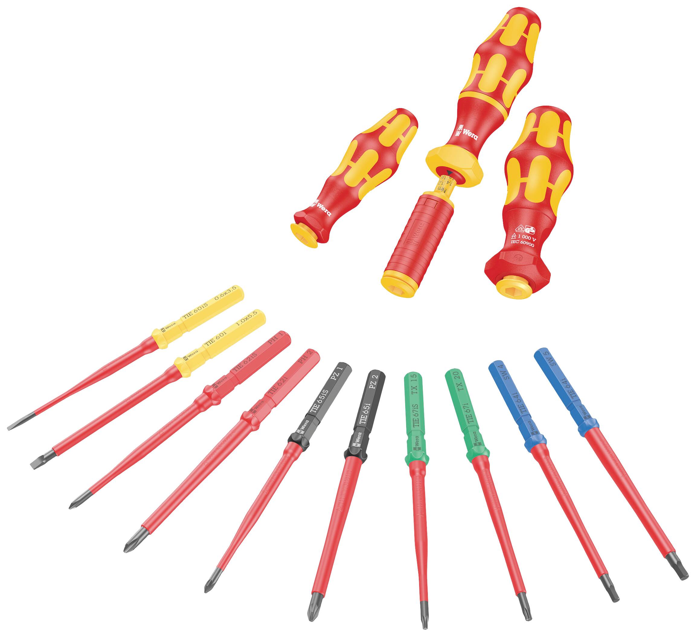 Ein Satz von isolierten Schraubendrehern mit verschiedenen Köpfen und Griffen in Rot und Gelb. Geeignet für Elektroarbeiten.