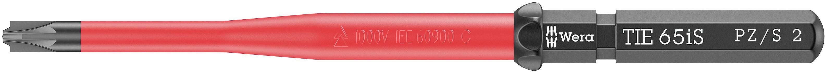 Screwdriver bit with a red grip and a black hexagonal base, labeled 'TITE 5/S' and 'PZ/S 2', designed for Pozidriv screws.