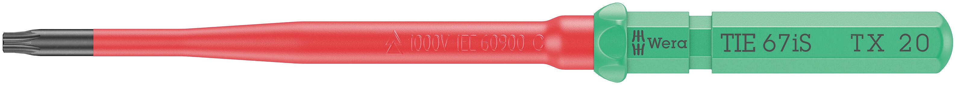 Ein roter, schlanker Schraubenzieher mit grünem Griff der Marke Wera. Auf dem Griff steht 'TX 20'. Geeignet für Torx-Schrauben.