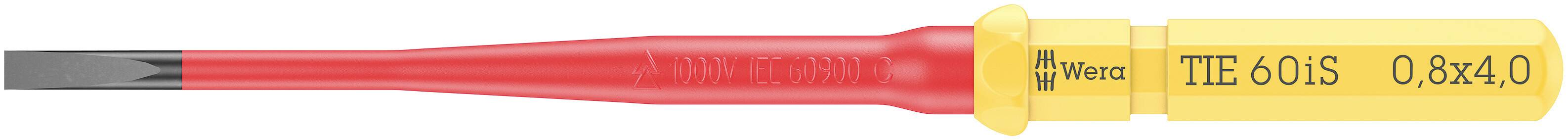 Ein roter Schraubendrehereinsatz mit gelbem Griff, beschriftet mit 'Wera - ITE6I0 S 0,8x4,0', geeignet für Schlitzschrauben.
