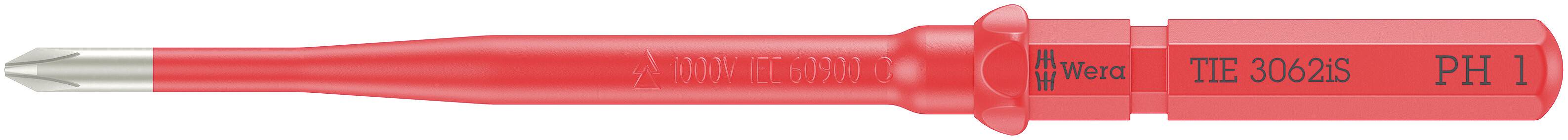 Roter Schraubendreheraufsatz mit Phillips-Kopf, beschriftet mit 'Wera', 'TECLOSE', und 'PH1'.