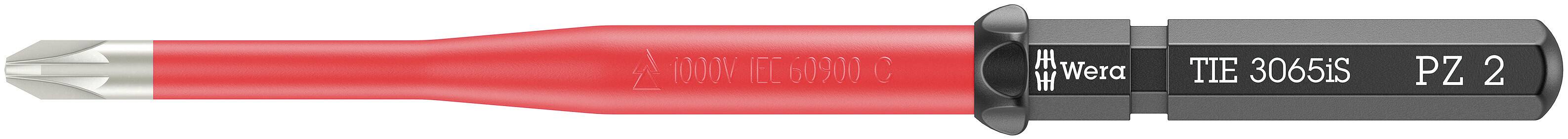 Ein roter Schraubendrehereinsatz mit Kreuzschlitzspitze, gekennzeichnet mit 'Wera TID 35065' und 'PZ 2'.