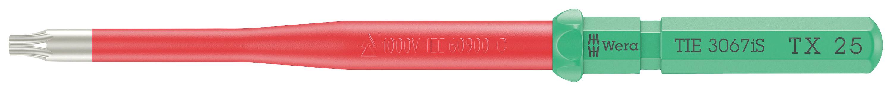 Ein roter und grüner Schraubendreheraufsatz mit der Aufschrift 'Wera TE 62025 TX 25', geeignet für Torx-Schrauben.