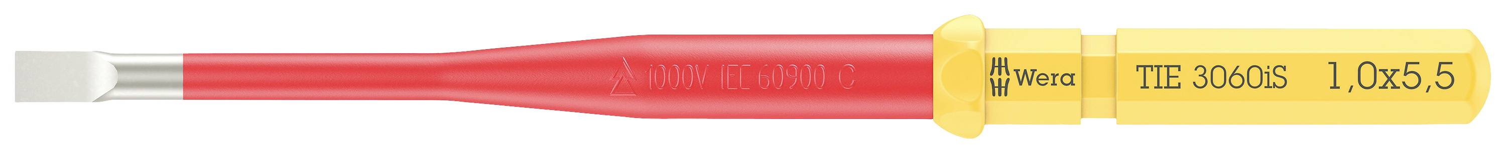 Ein rot-gelber Schraubendreher mit der Aufschrift 'Wera 1,0x5,5'.