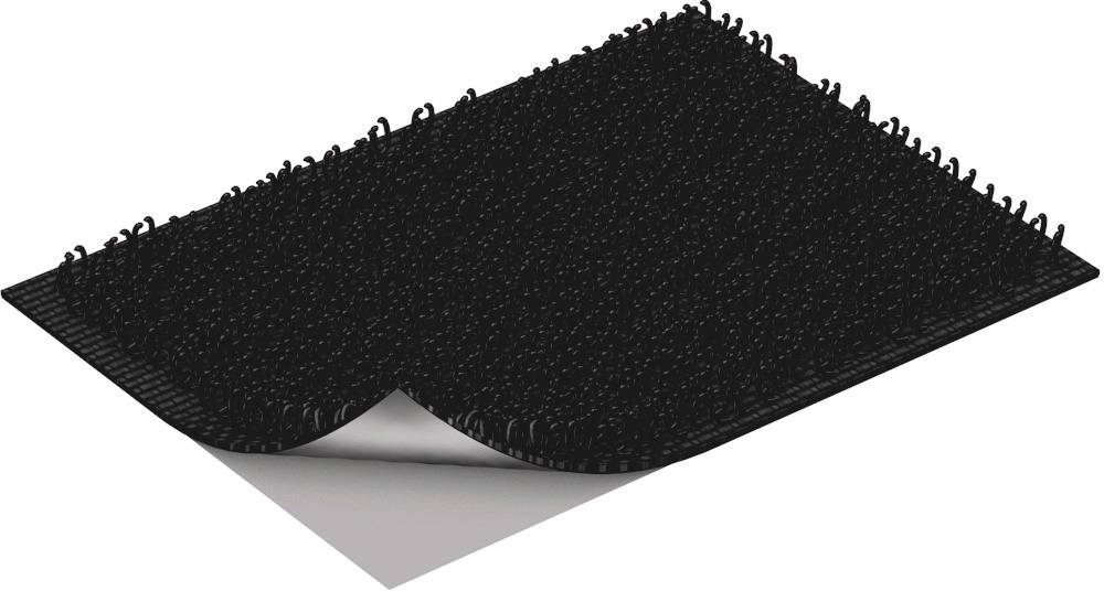 Schwarzer Klettverschluss mit Haken. Quadratisch, leicht gebogen. Veranschaulicht Materialstruktur für Befestigungszwecke.