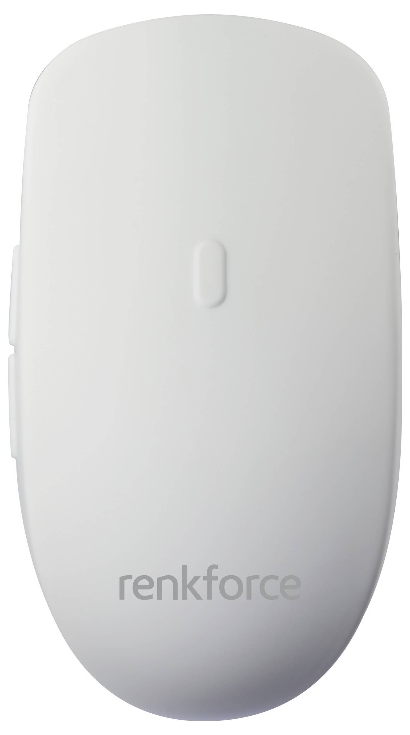 Weiße drahtlose Maus von Renkforce mit minimalistischen Design und seitlichem Knopf. Ideal für Büroanwendungen und ergonomische Nutzung.