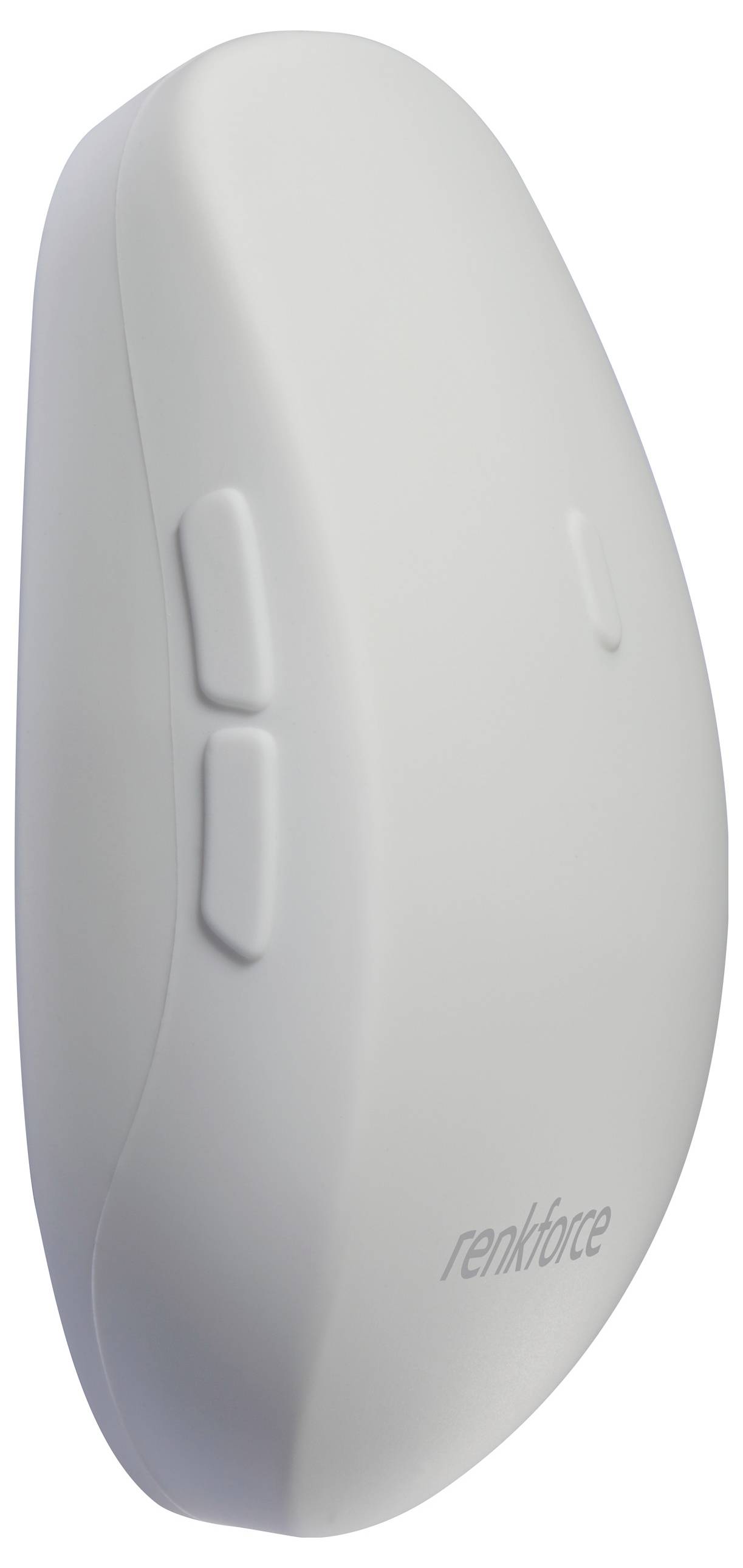 Ein weißes, ergonomisch geformtes elektronisches Gerät mit seitlichen Tasten und dem Logo 'renkforce'.