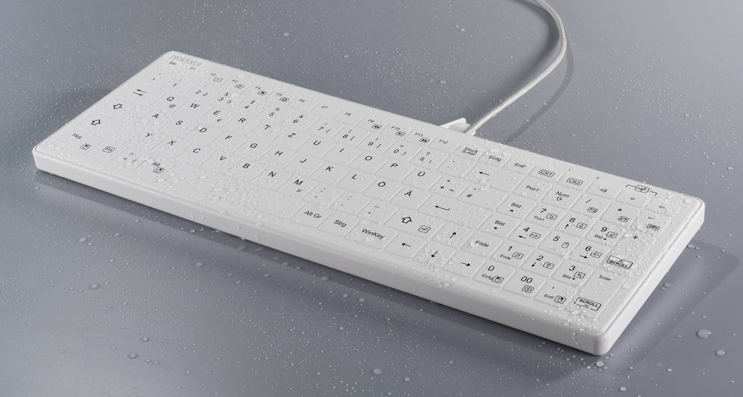 Renkforce RF-WPIK-500 USB Hygiene-Tastatur Deutsch, QWERTZ Weiß Silikonmembran, IP65, Maustasten, Abnehmbares Kabel, Geräuscharme
