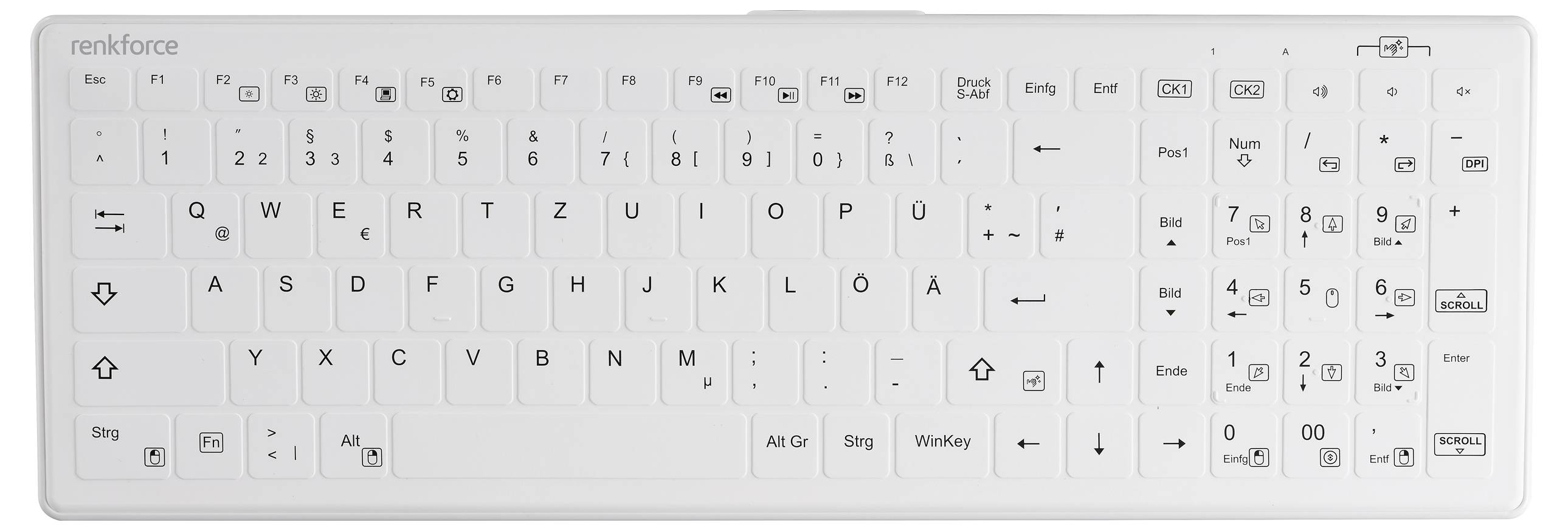 Renkforce RF-WPIK-500 USB Hygiene-Tastatur Deutsch, QWERTZ Weiß Silikonmembran, IP65, Maustasten, Abnehmbares Kabel, Geräuscharme