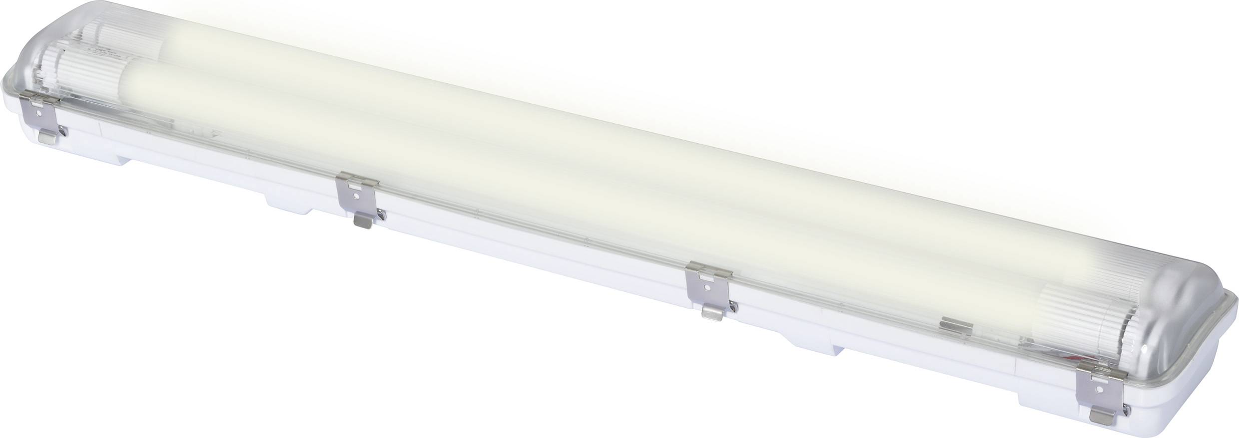 LED-Lichtleiste, rechteckig und länglich, in einem transparenten Gehäuse. Geeignet für Deckenmontage.