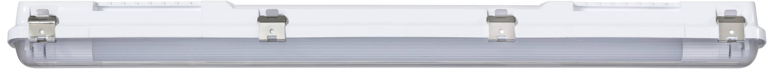 Wasserdichte LED-Leuchte mit robustem Gehäuse und metallischen Clips, ideal für industrielle und feuchte Umgebungen.