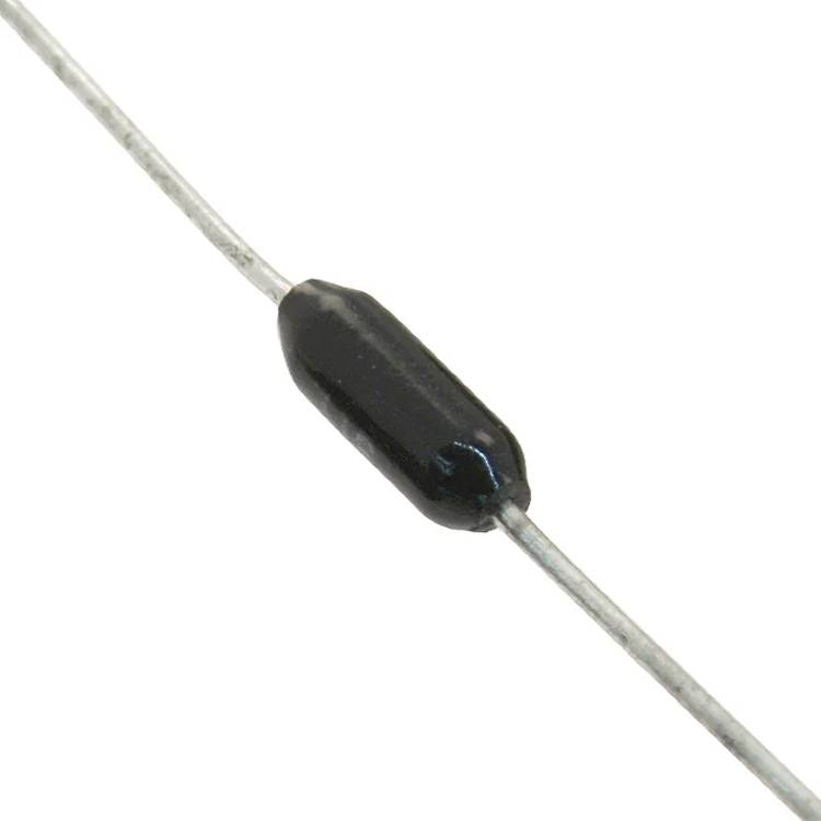 Eine schwarze zylindrische Diode mit silbernen metallischen Anschlüssen, die sich von jedem Ende erstrecken. Sie ist vor einem weißen Hintergrund isoliert.