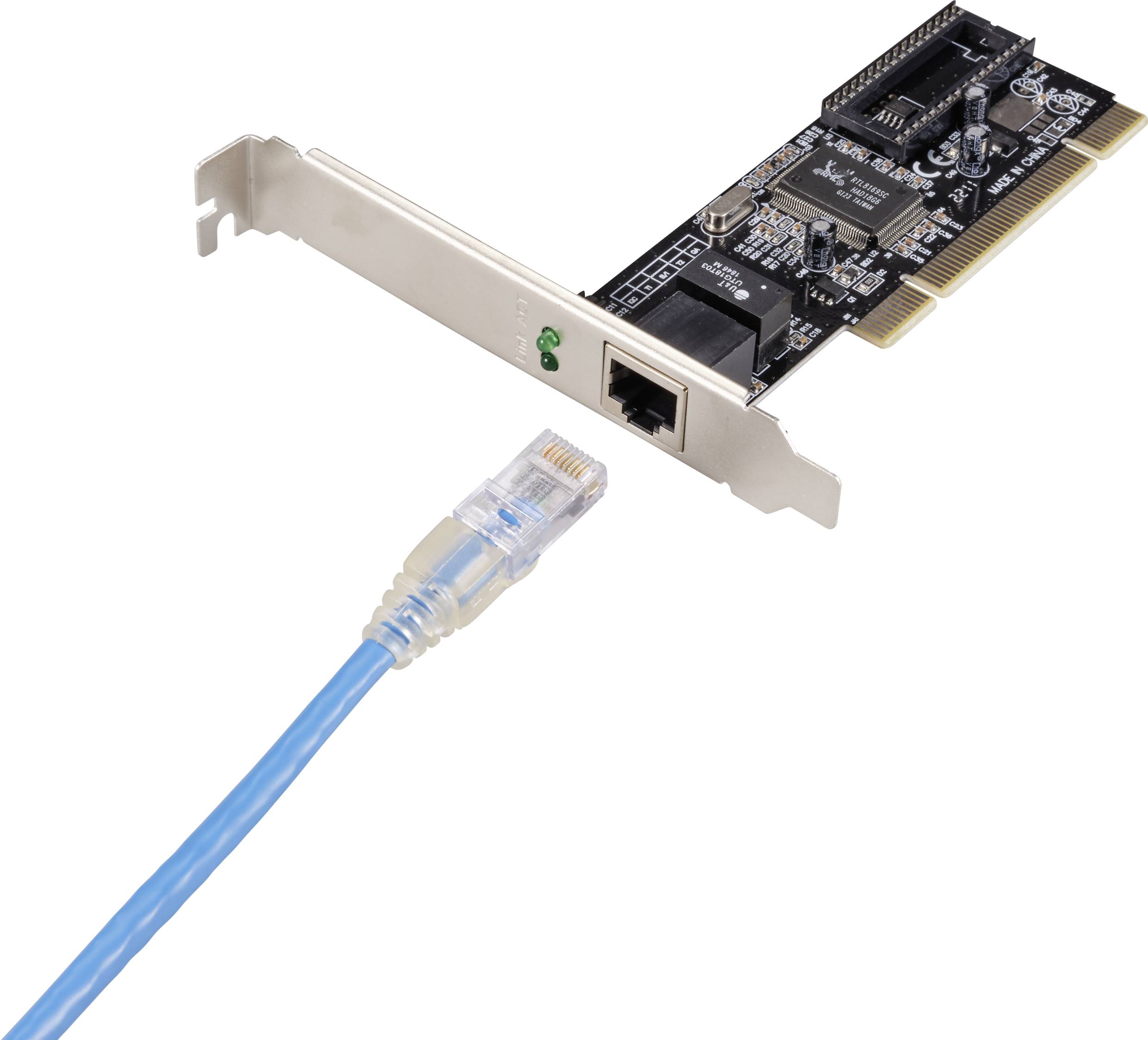 Netzwerkkarte mit PCI-Schnittstelle und RJ-45-Anschluss neben einem blauen Ethernet-Kabel. Geeignet zum Verbinden von Computern mit Netzwerken.