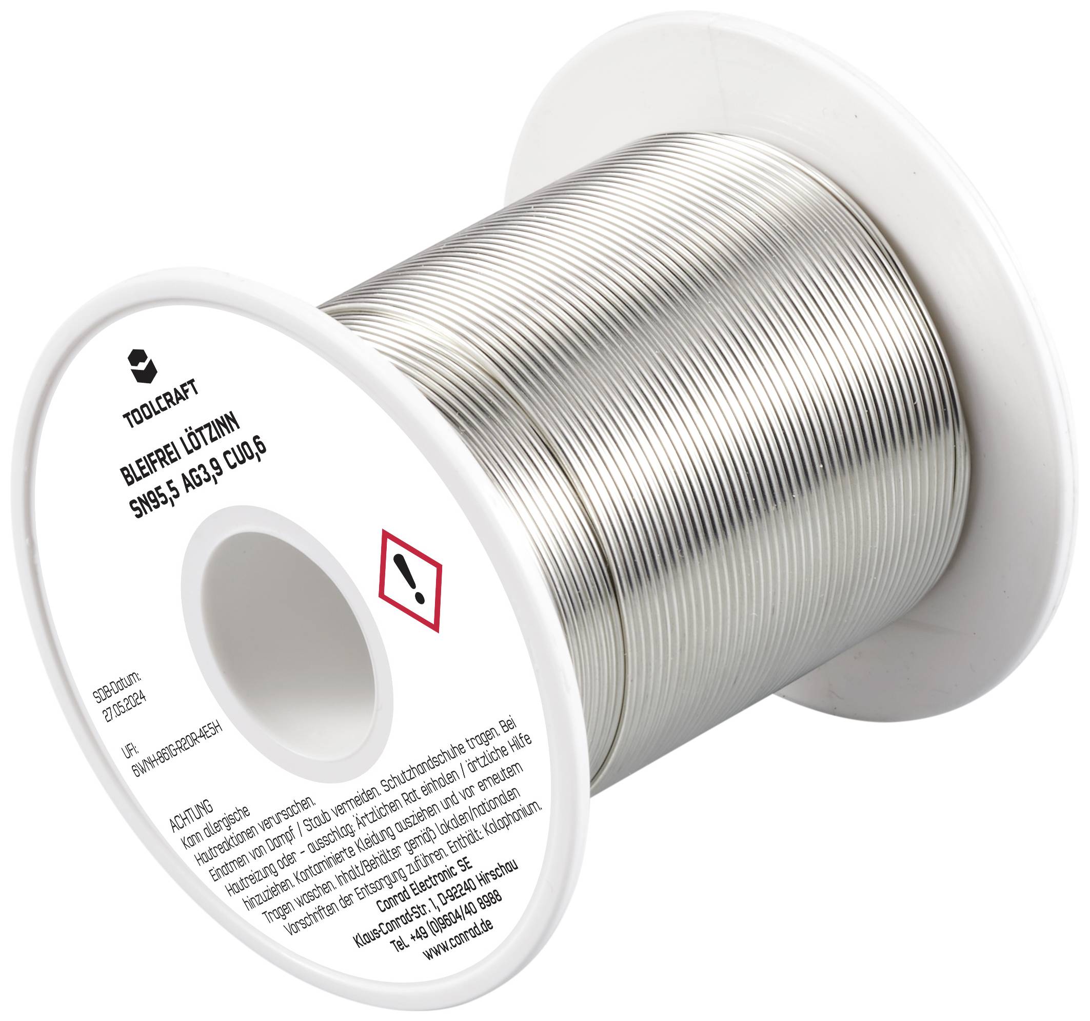 Eine Rolle Lötzinn mit einem Warnsymbol auf der Seite, das auf mögliche Gefahren hinweist. Markierung 'Bleifreies Lötzinn'.