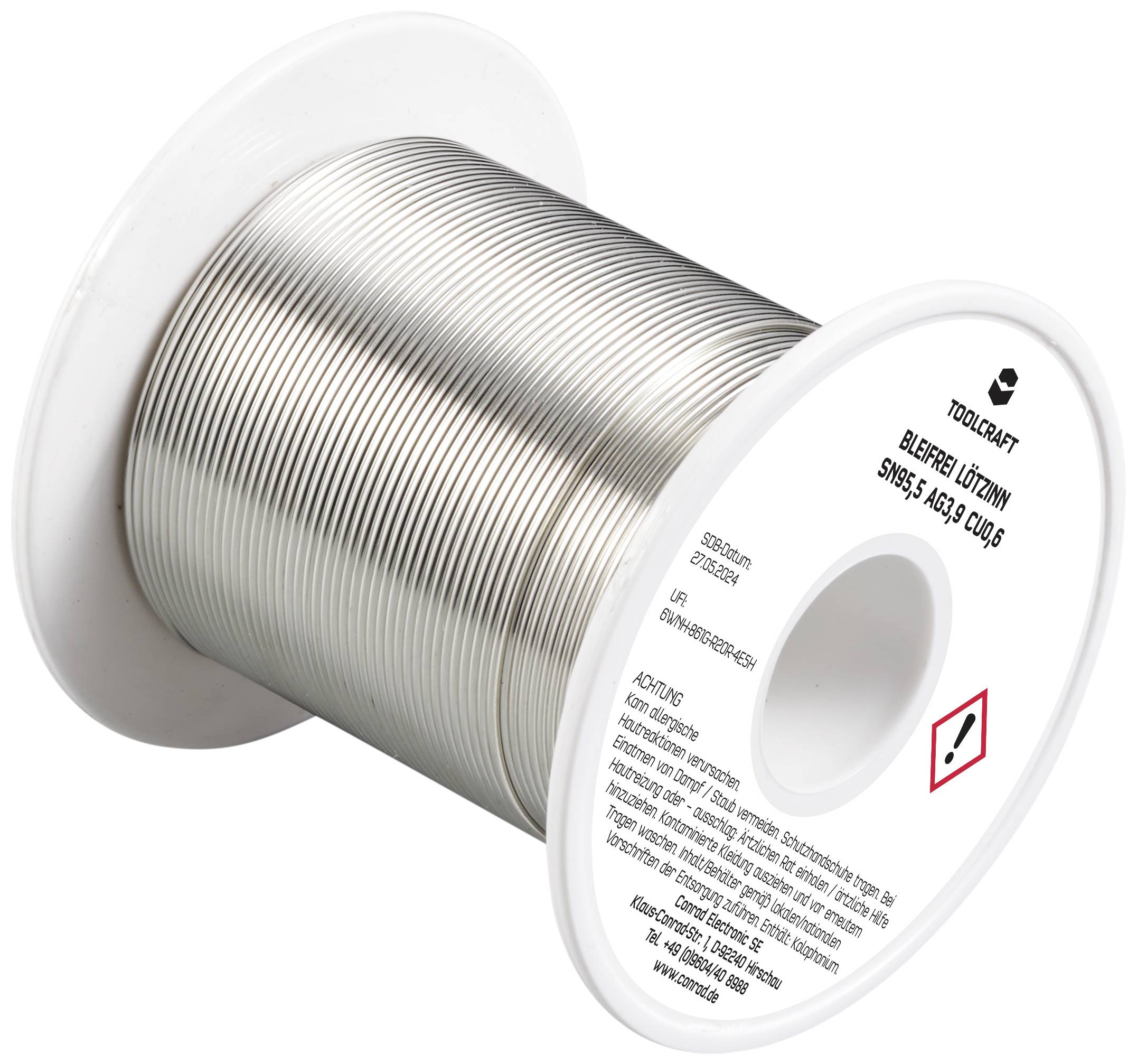 Eine Rolle Lötzinn von TOOLCRAFT, bleifrei, SN95 AG3 CU0.5, geeignet für Elektronikarbeiten, auf weißem Hintergrund.