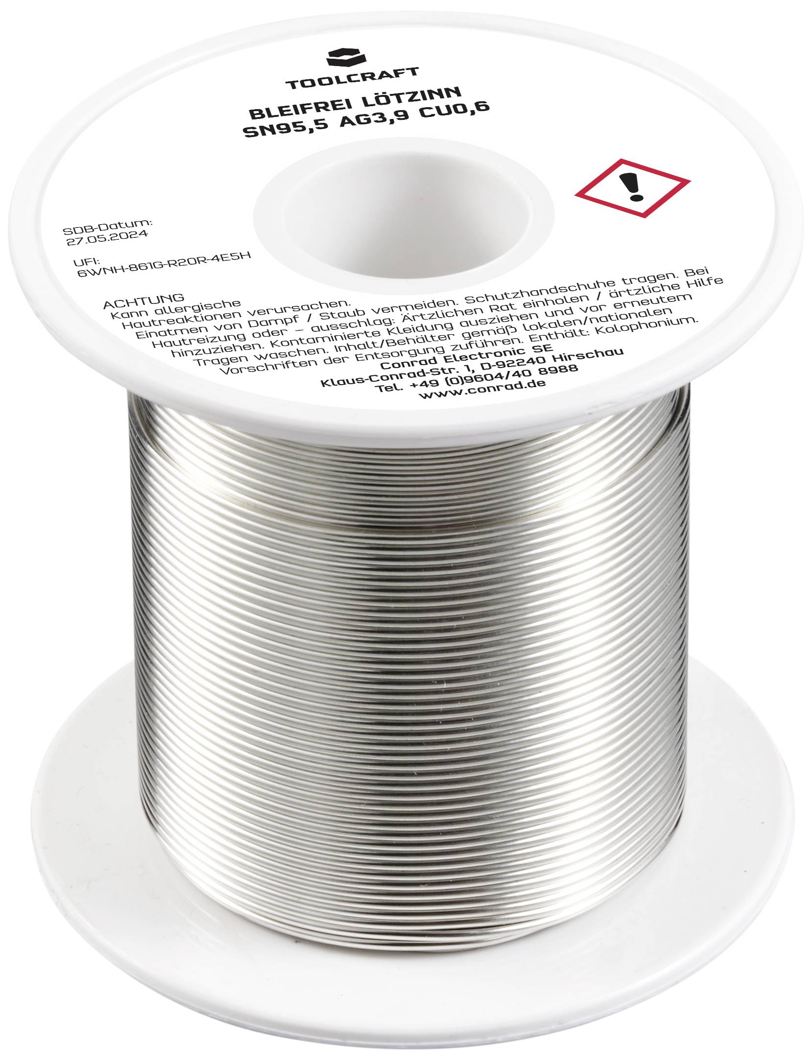 Eine Spule mit bleifreiem Lötzinn von Toolcraft, auf der die Zusammensetzung Sn95,5 Ag3,8 Cu0,7 angegeben ist.