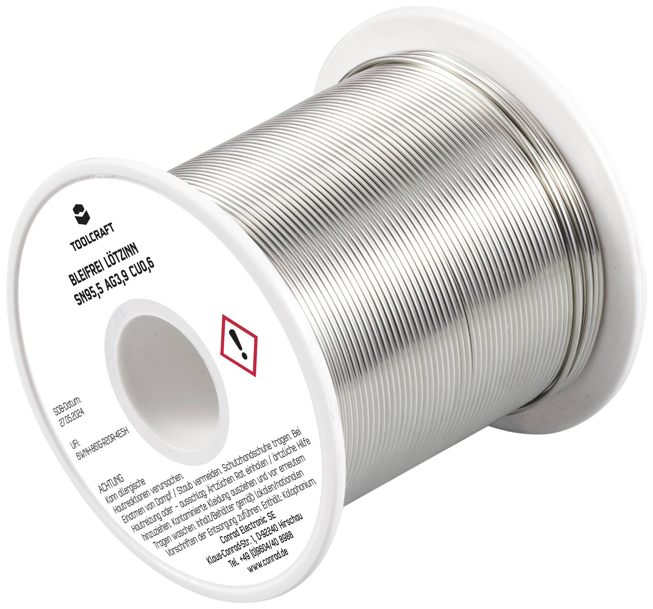 Eine Rolle Lötzinn der Marke Toolcraft, beschriftet mit Warnhinweis und spezifischen Produktinformationen.