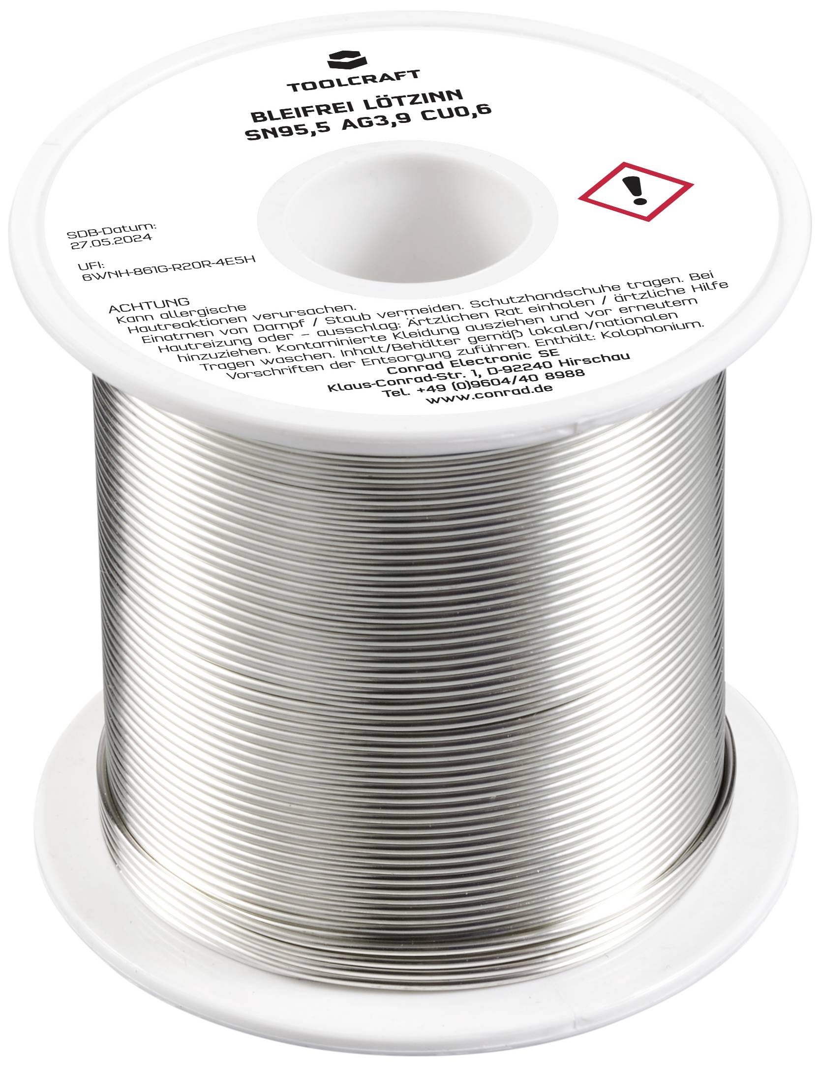 Rolle mit bleifreiem Lötzinn, Marke 'Toolcraft', Spezifikation SN95,5 AG3,8 CU0,6, mit Gefahrenhinweisetikett.