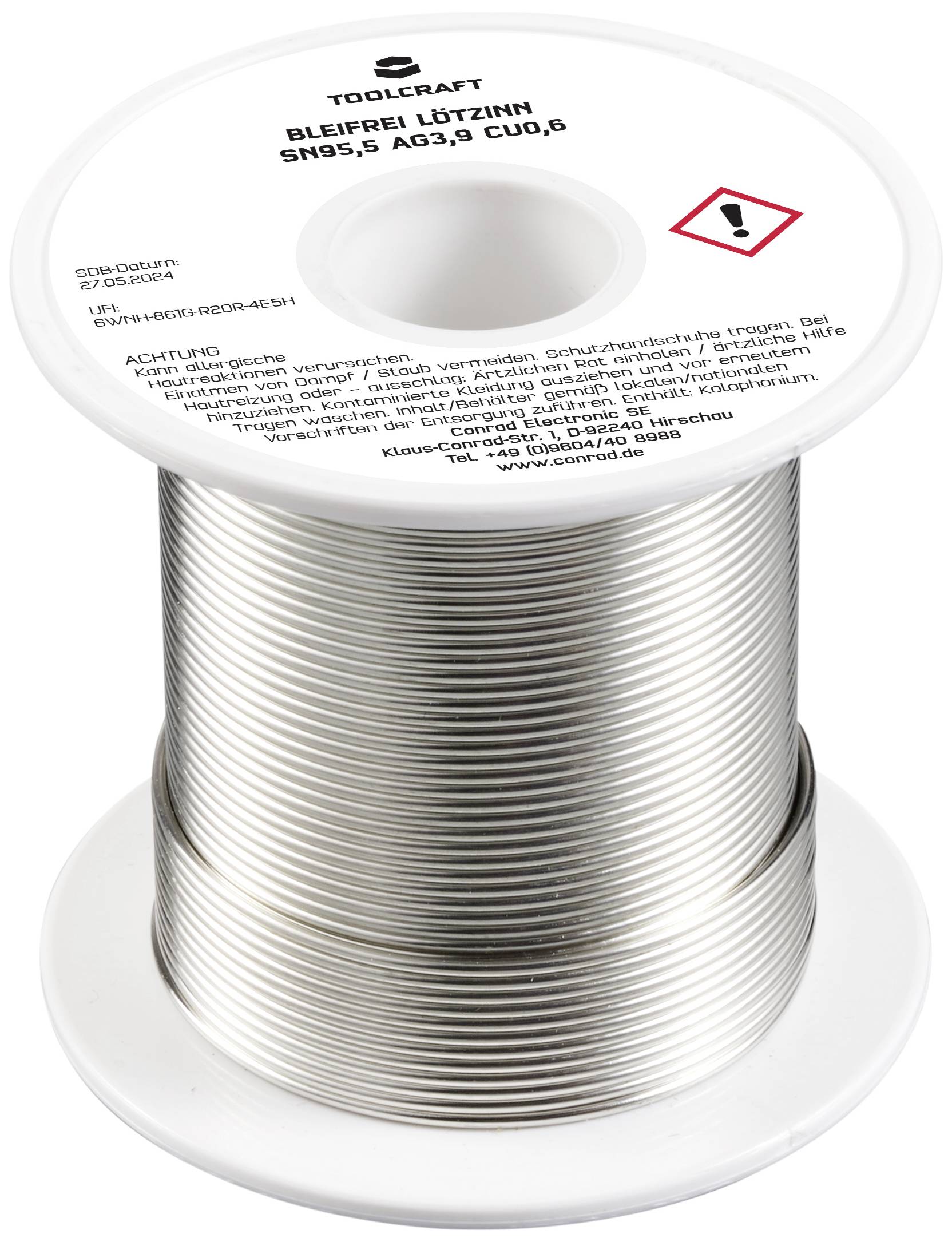 Rolle mit bleifreiem Lötzinn von Toolcraft, Modell SN95,5 AG3,8 CU0,6. Enthält Warnhinweise auf Etikett.