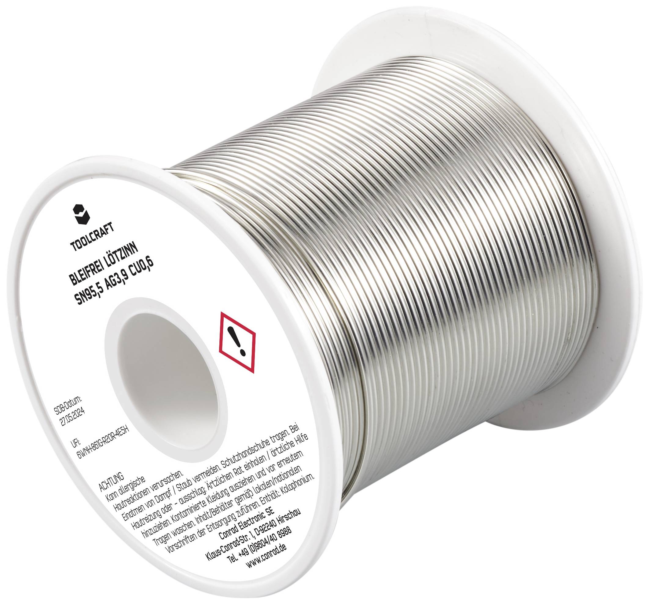Eine Rolle Lötzinn der Marke Toolcraft, mit einem Warnsymbol für Gefahrstoffe auf dem Etikett.