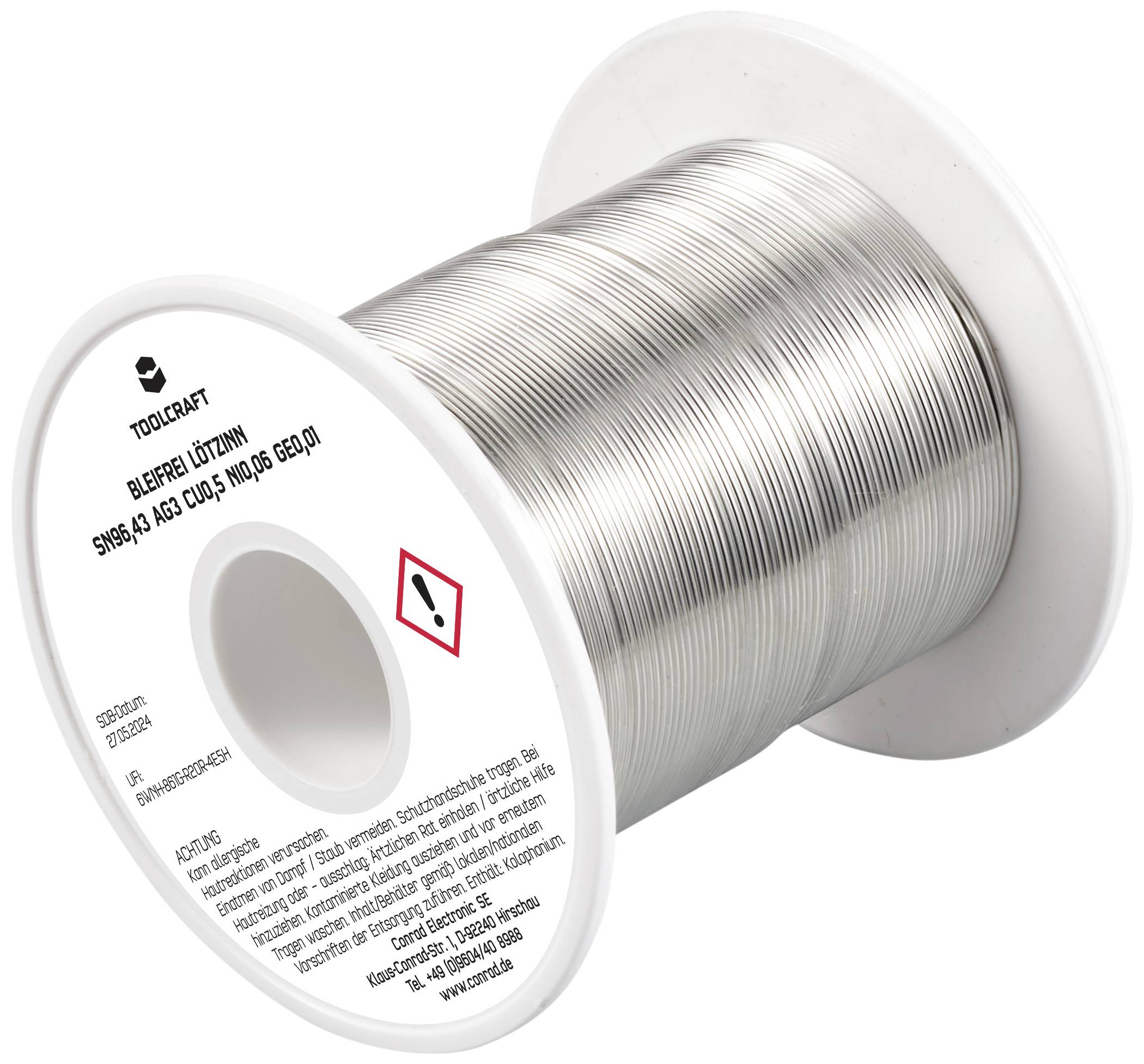 Eine Rolle Lötzinn von Toolcraft, auf Kunststoffspule. Aufschrift mit Hinweis auf Bleigehalt. 750 Gramm.