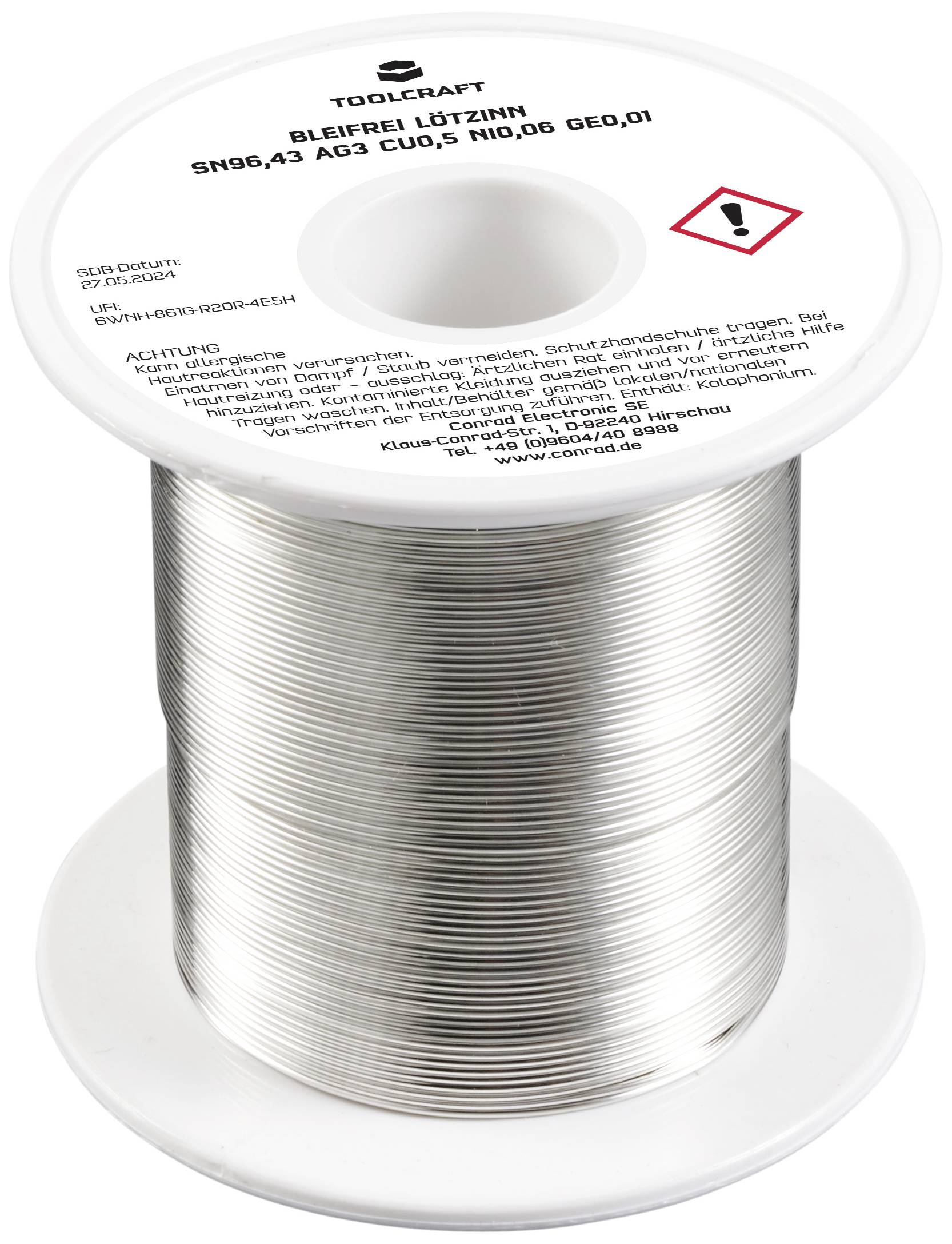 Spule mit bleifreiem Lötzinn, Aufschrift: 'SN96,43 AG3 CU0,5 NI0,06 GE0,01', Warnhinweis: Reizend.