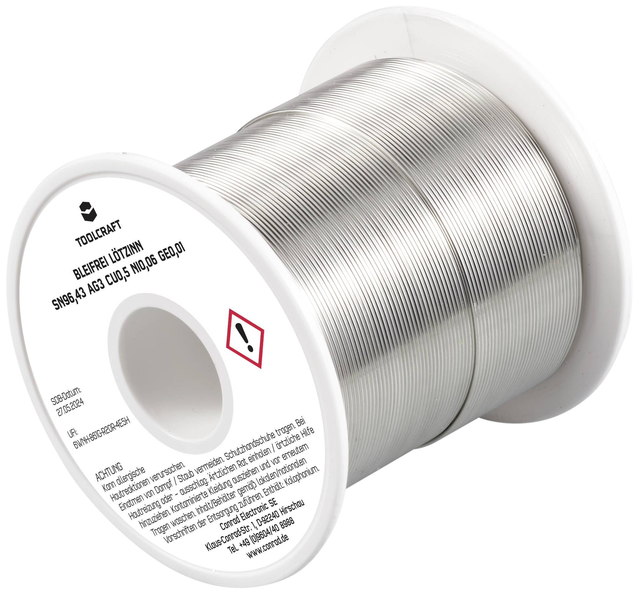 TOOLCRAFT TO-9503331 Lötzinn, bleifrei Spule Sn96,43Ag3Cu0,5Ni0,06Ge0,01 ROL1 250g 0.7mm