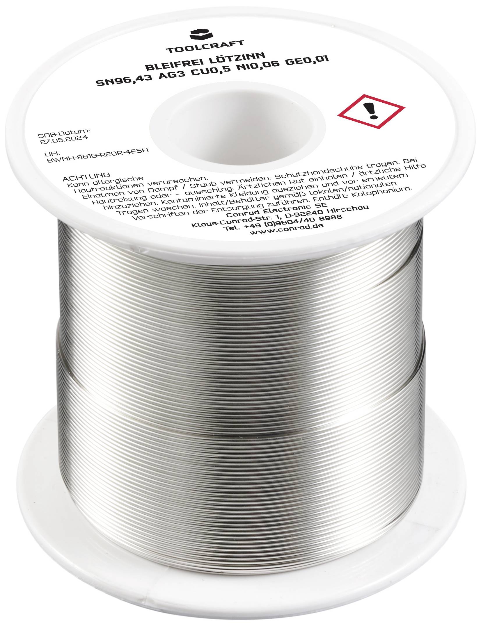 Eine Rolle bleifreier Lötzinn mit der Aufschrift 'TOOLCRAFT BleiFrei Lötzinn SN96,43 Ag3 Cu0,5 Ni0,06 GE0,01'.