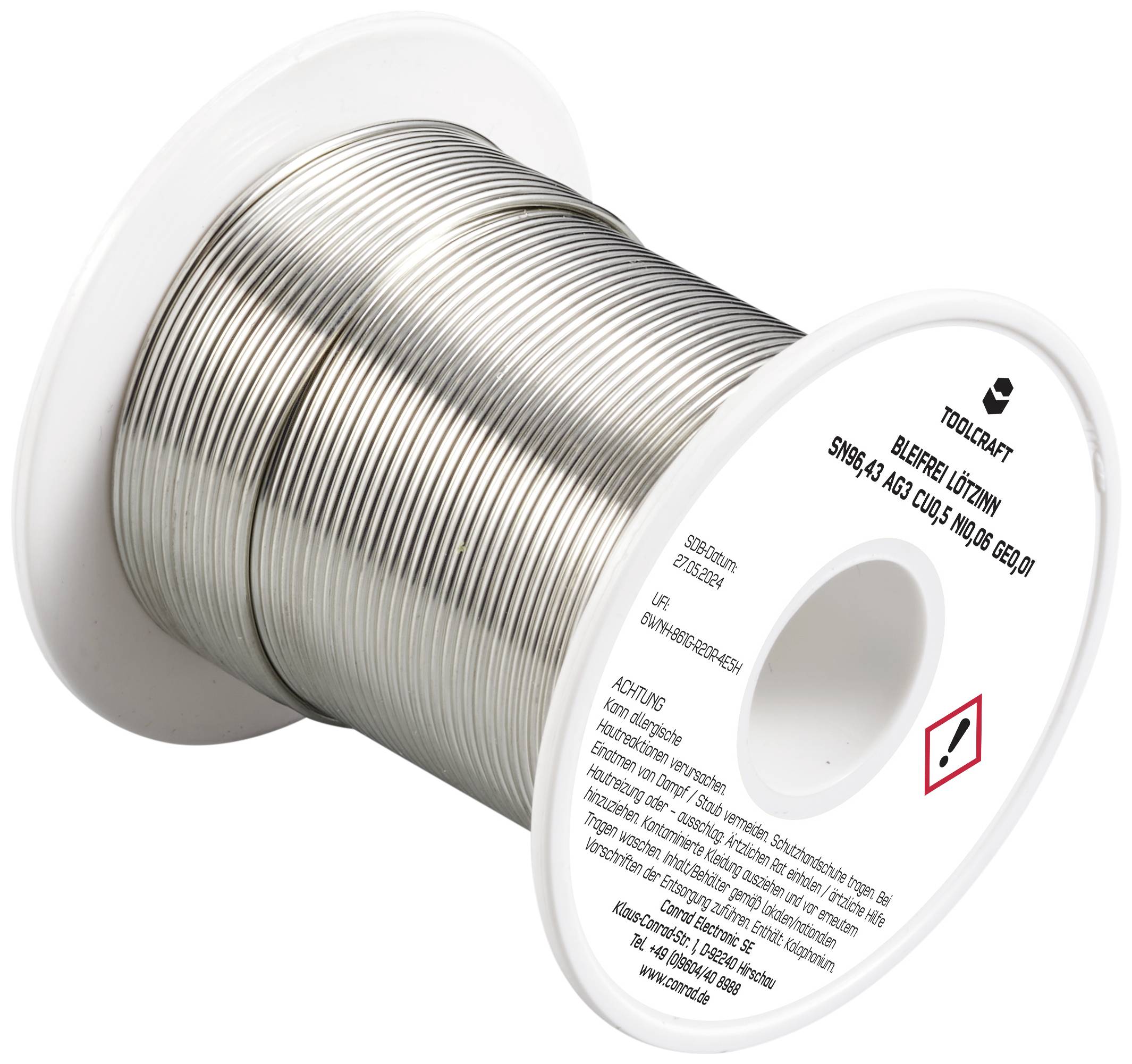 Spule mit silbernem Lötzinn, gekennzeichnet als 'Bleifreies Lötzinn', mit einer Warnung auf der Seite.