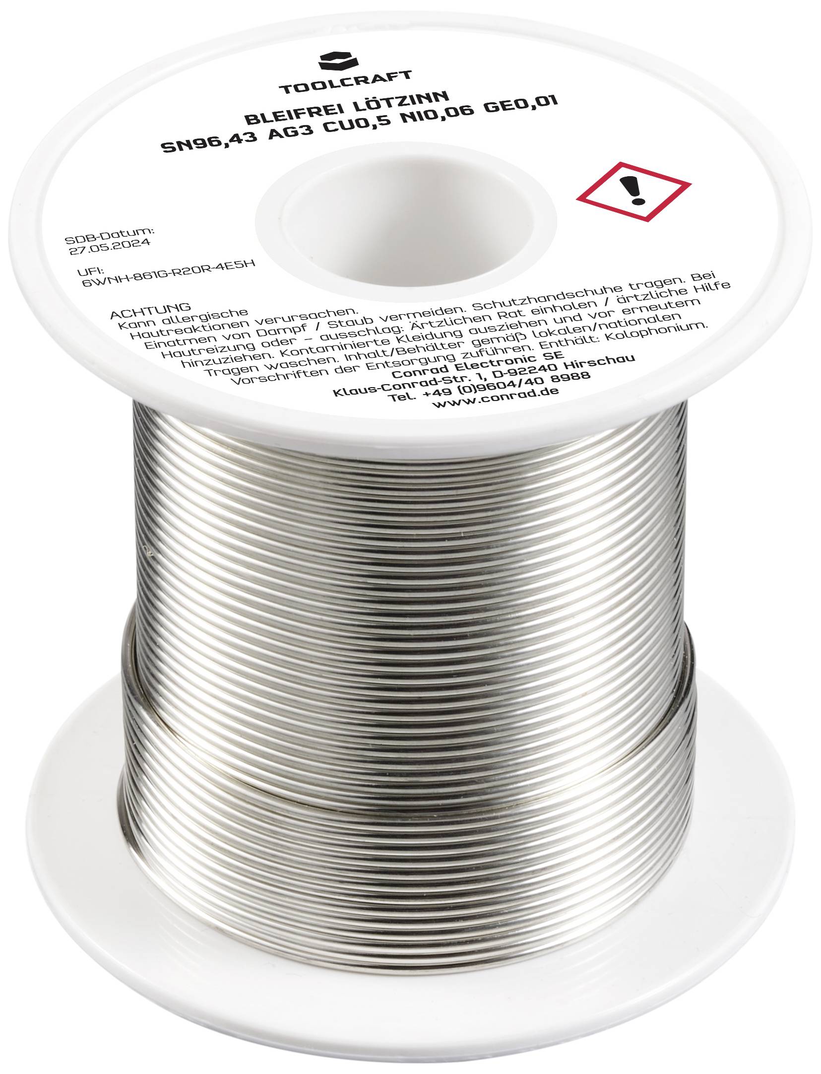 'Bleifreier Lötdraht von TOOLCRAFT, Sn96,43 Ag3 Cu0,5 Ni0,06, Ø 1,0 mm.' Spule mit Warnsymbolen.