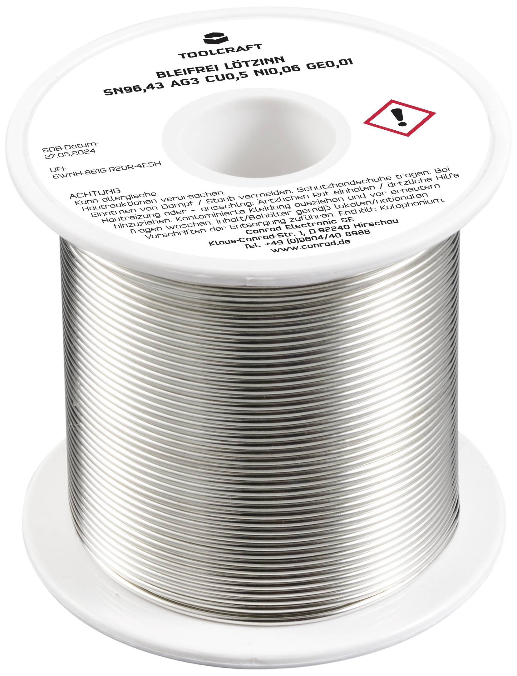 Rolle mit bleifreiem Lötzinn der Marke Toolcraft, Spezifikationen: Sn96,43 Ag3 Cu0,5 Ni0,06, Gewicht 500g. Warnhinweise auf der Verpackung.