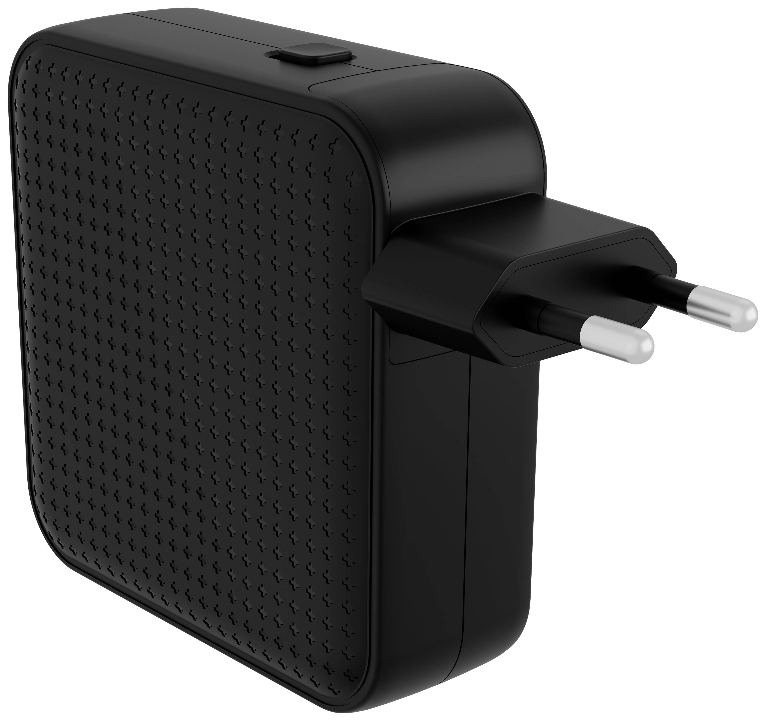 Schwarzes USB-Ladegerät mit europäischem Stecker, kompakt und quadratisch mit punktförmigem Muster auf der Oberfläche.