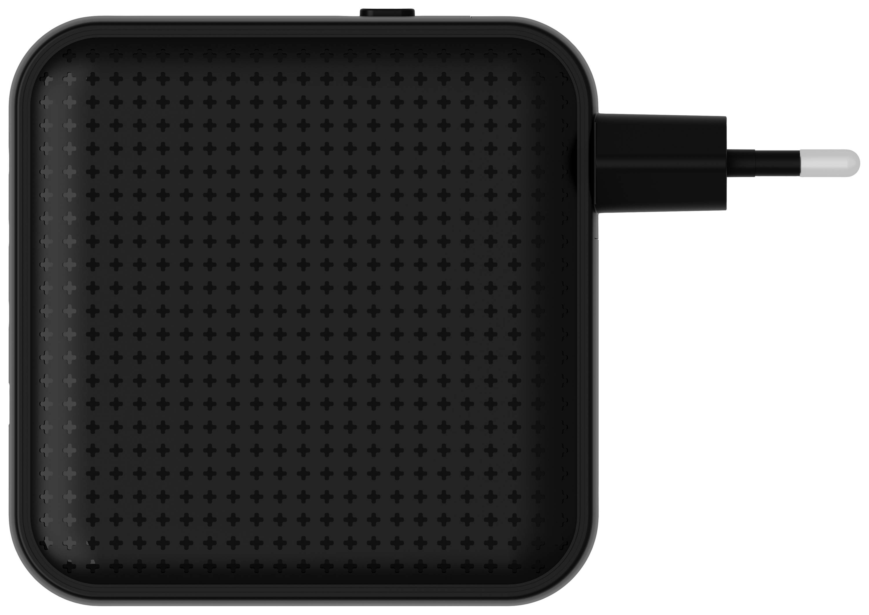 Schwarzes quadratisches Ladegerät in der Draufsicht, mit kleinen Pluszeichen auf der Oberfläche und einem angeschlossenen USB-Kabel.