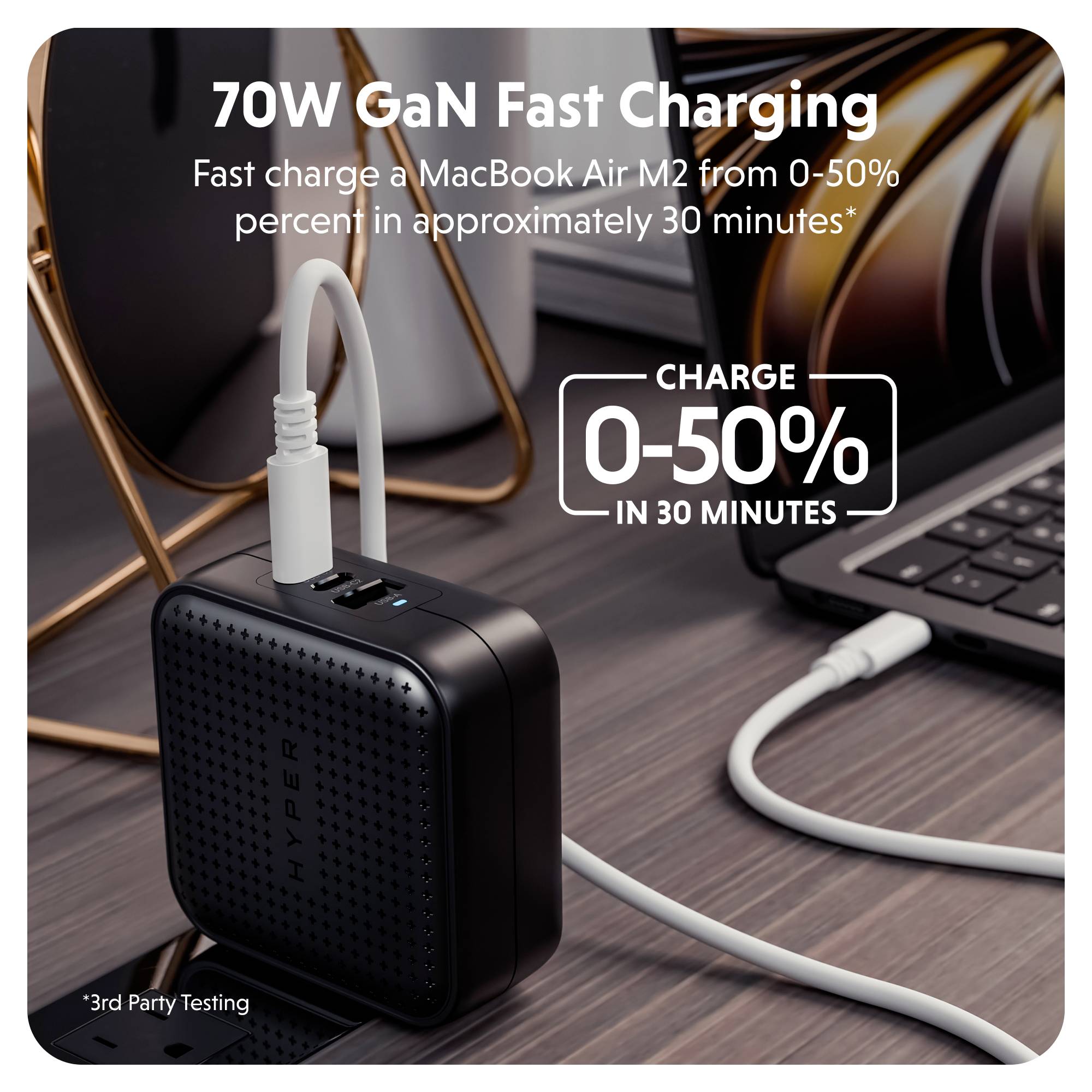 Ein Schnellladegerät lädt ein MacBook Air M2 von 0 auf 50 % in 30 Minuten. Text: '70W GaN Fast Charging' und 'Charge 0-50% in 30 Minutes'.