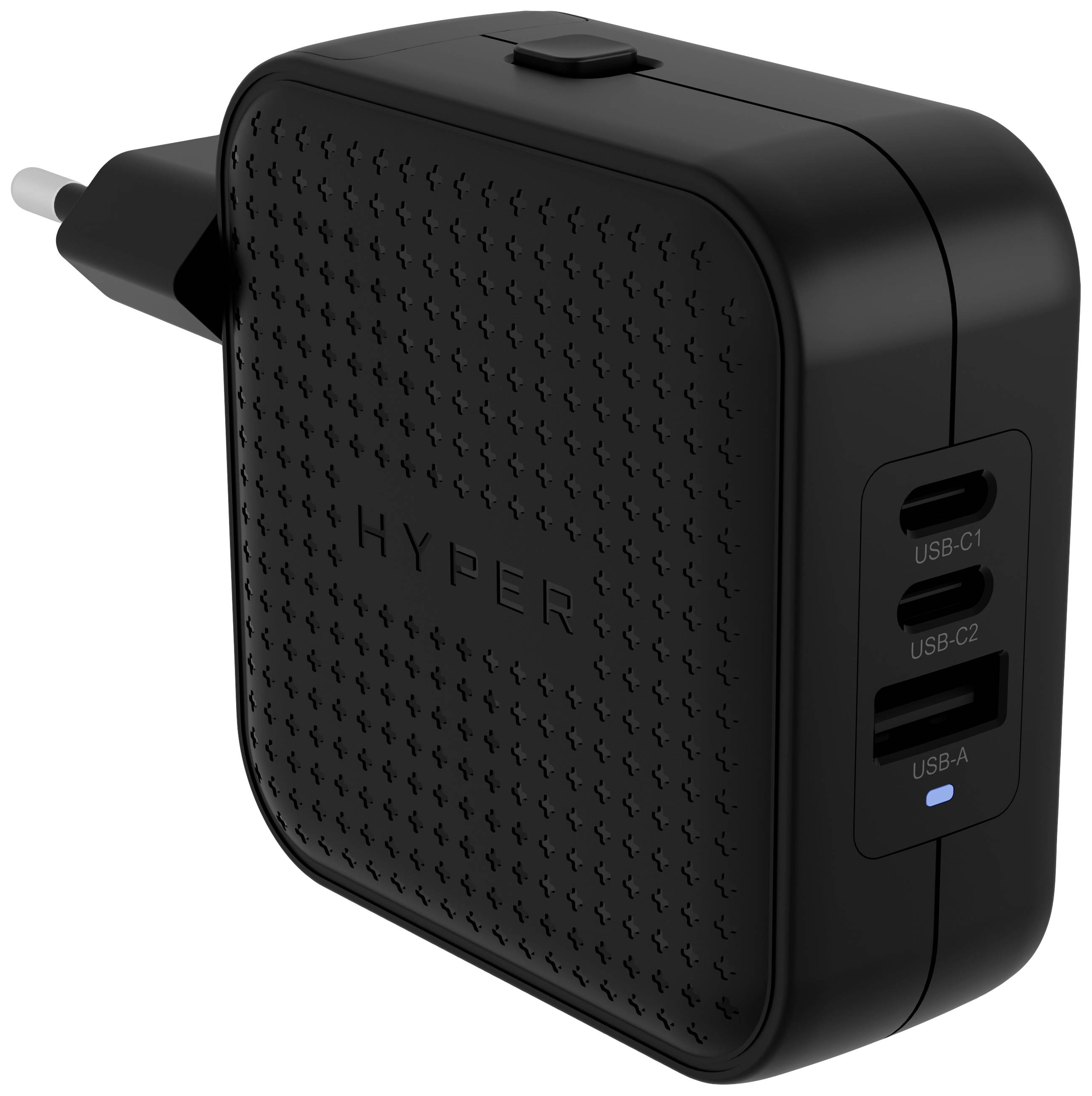 Ein schwarzes, rechteckiges USB-Ladegerät mit drei Anschlüssen: zwei USB-C und ein USB-A. Das Gerät hat einen Stecker für die Steckdose.