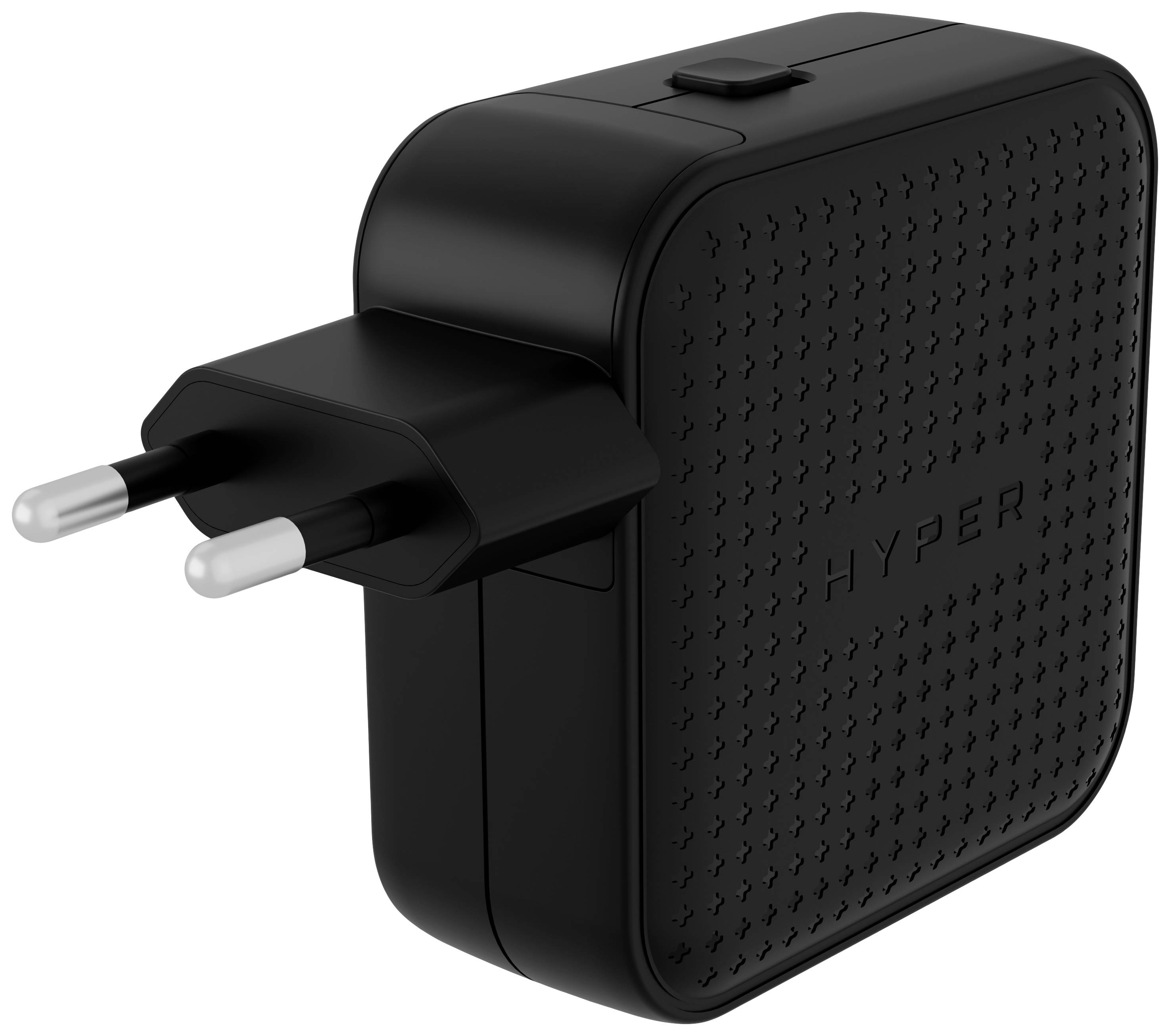 Schwarzes, quadratisches USB-Ladegerät mit europäischem Stecker, strukturiertem Gehäuse und der Aufschrift 'HYPER'.