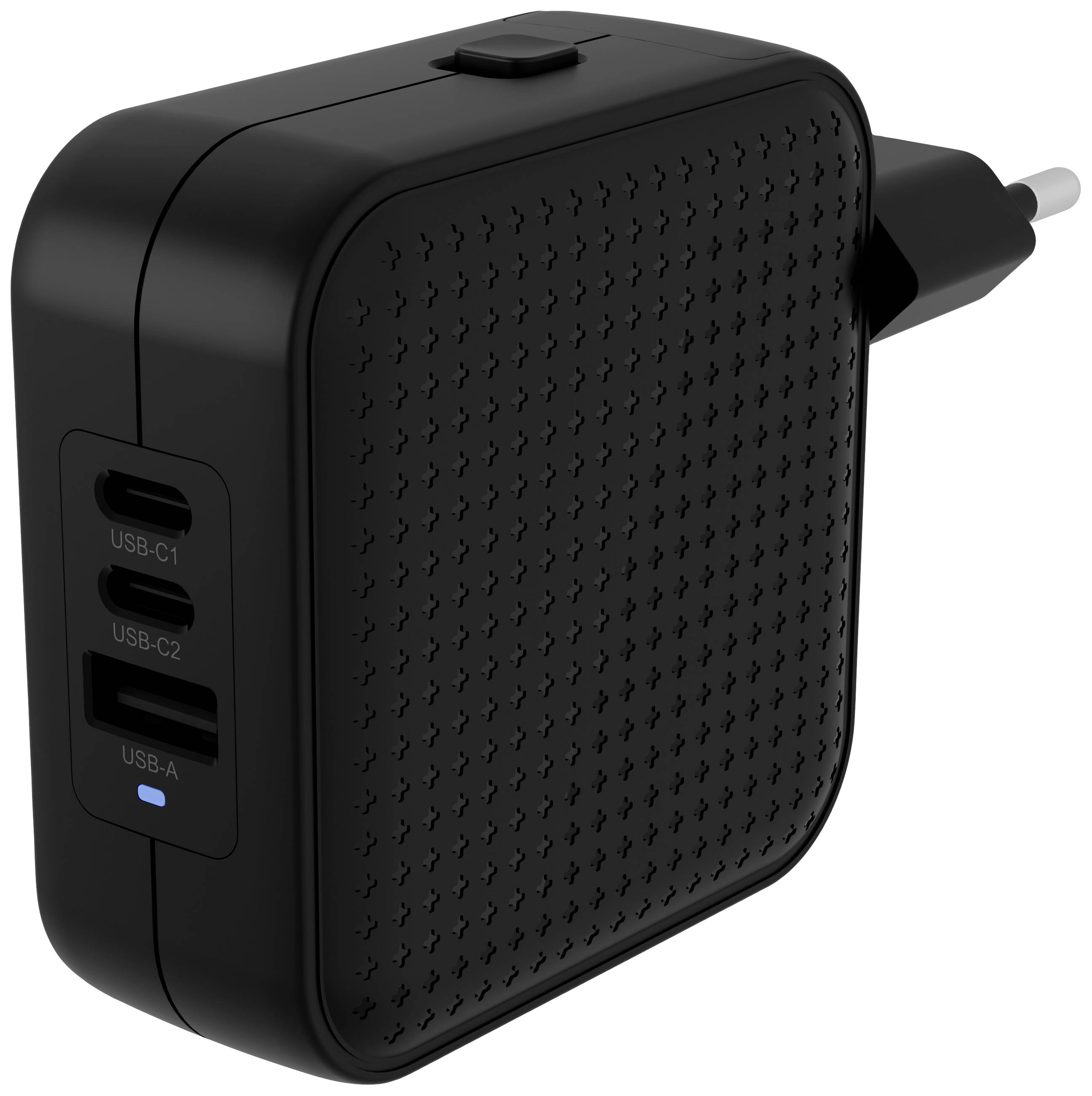 Schwarzes Ladegerät mit zwei USB-C- und einem USB-A-Anschluss, eingesteckt in eine Wandsteckdose.