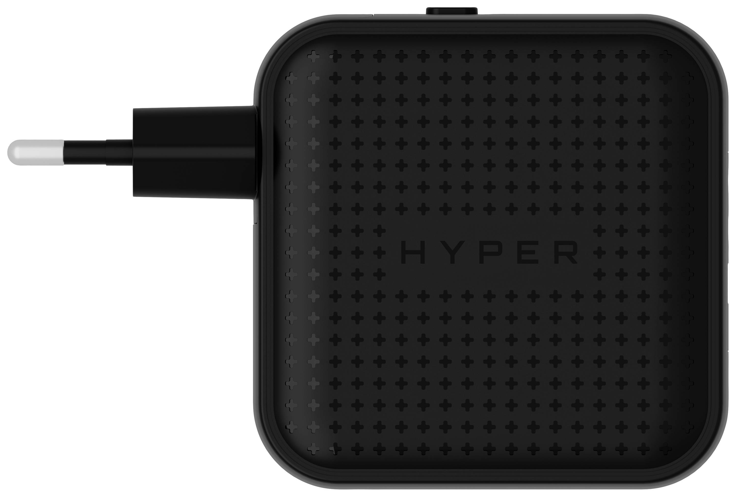 Kompakter schwarzer USB-C-Ladegerät mit europäischem Stecker. Vorderseite mit dem Schriftzug 'Hyper' und texturiertem Muster.