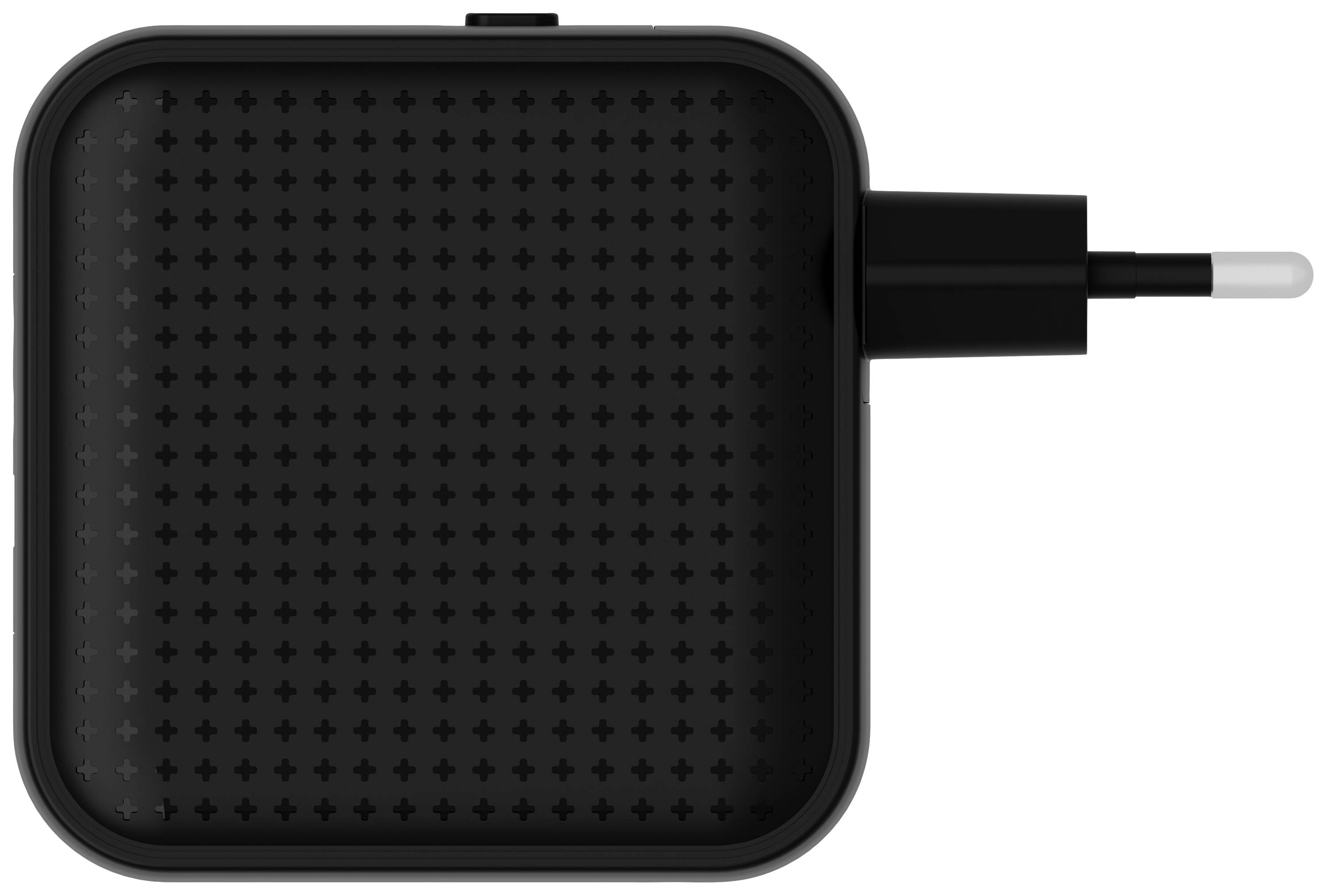 Ein quadratisches, schwarzes Ladegerät mit einem europäischen Stecker ist abgebildet, auf einer grauen Oberfläche liegend.