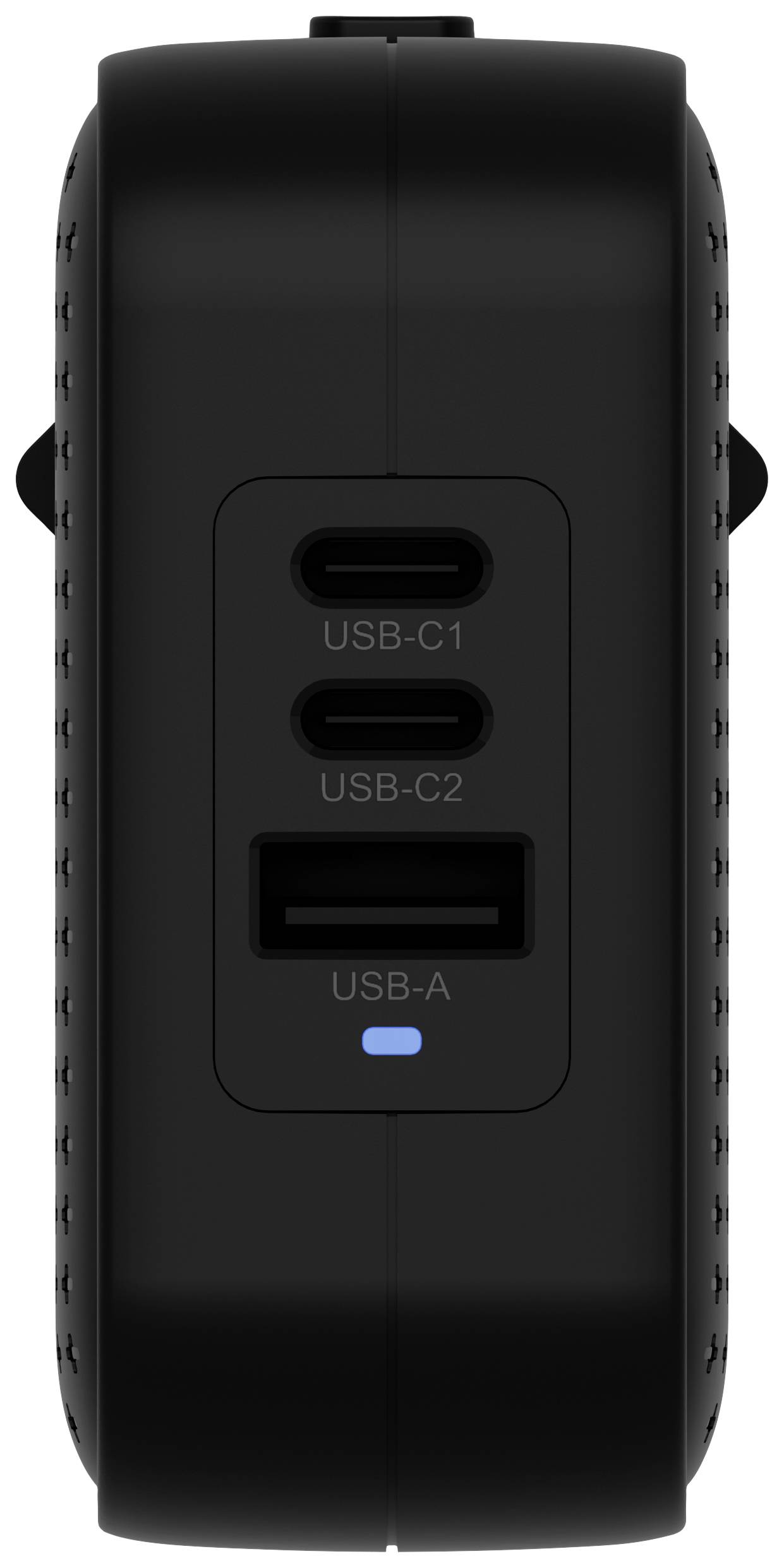 Eine schwarze Powerbank mit zwei USB-C-Anschlüssen, beschriftet 'USB-C1' und 'USB-C2', sowie einem USB-A-Anschluss, beschriftet 'USB-A'.