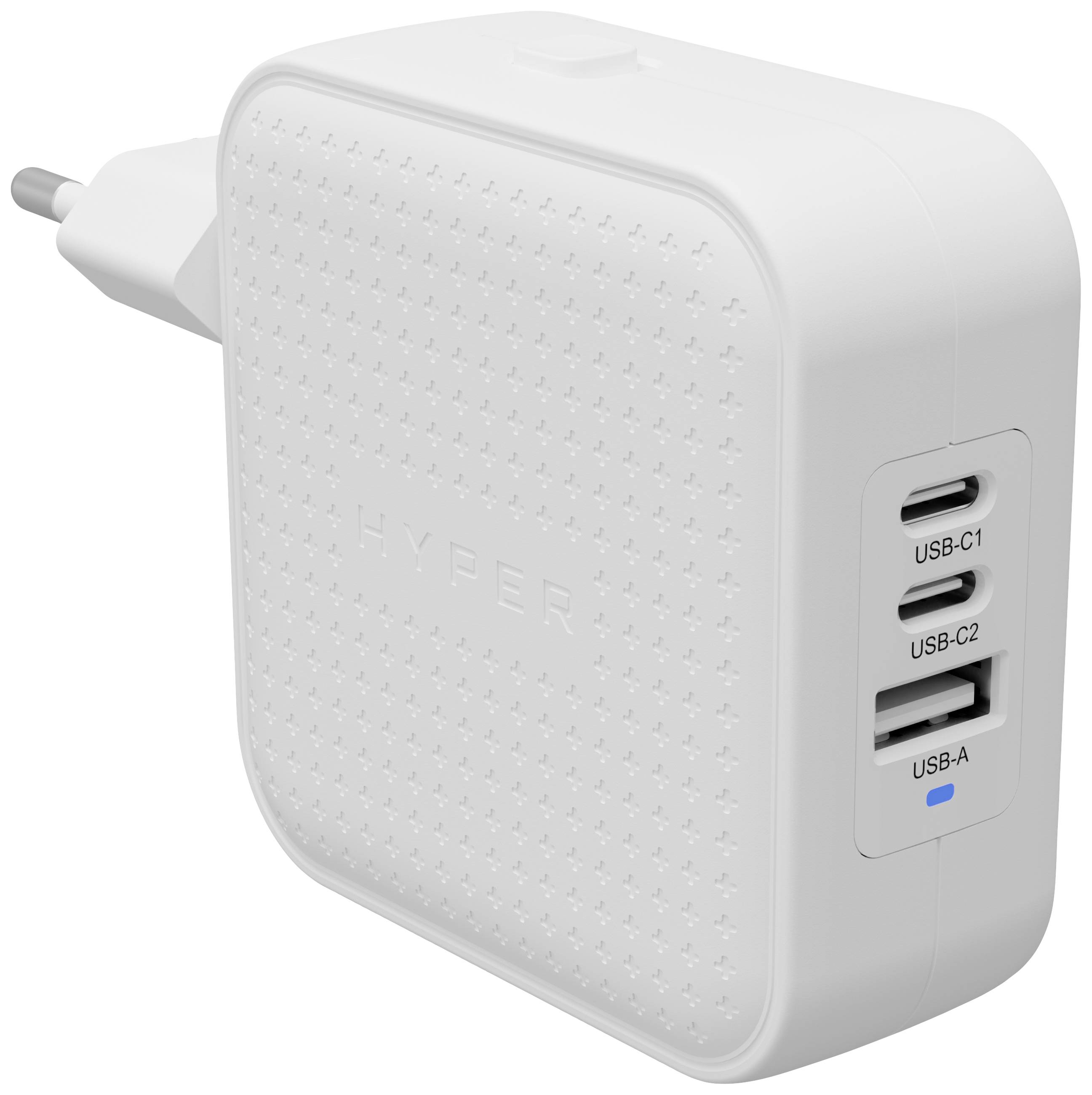 Ein weißes Ladegerät mit USB-C1, USB-C2 und USB-A Anschlüssen an der Seite. Es ist für schnelles Aufladen von Geräten konzipiert.