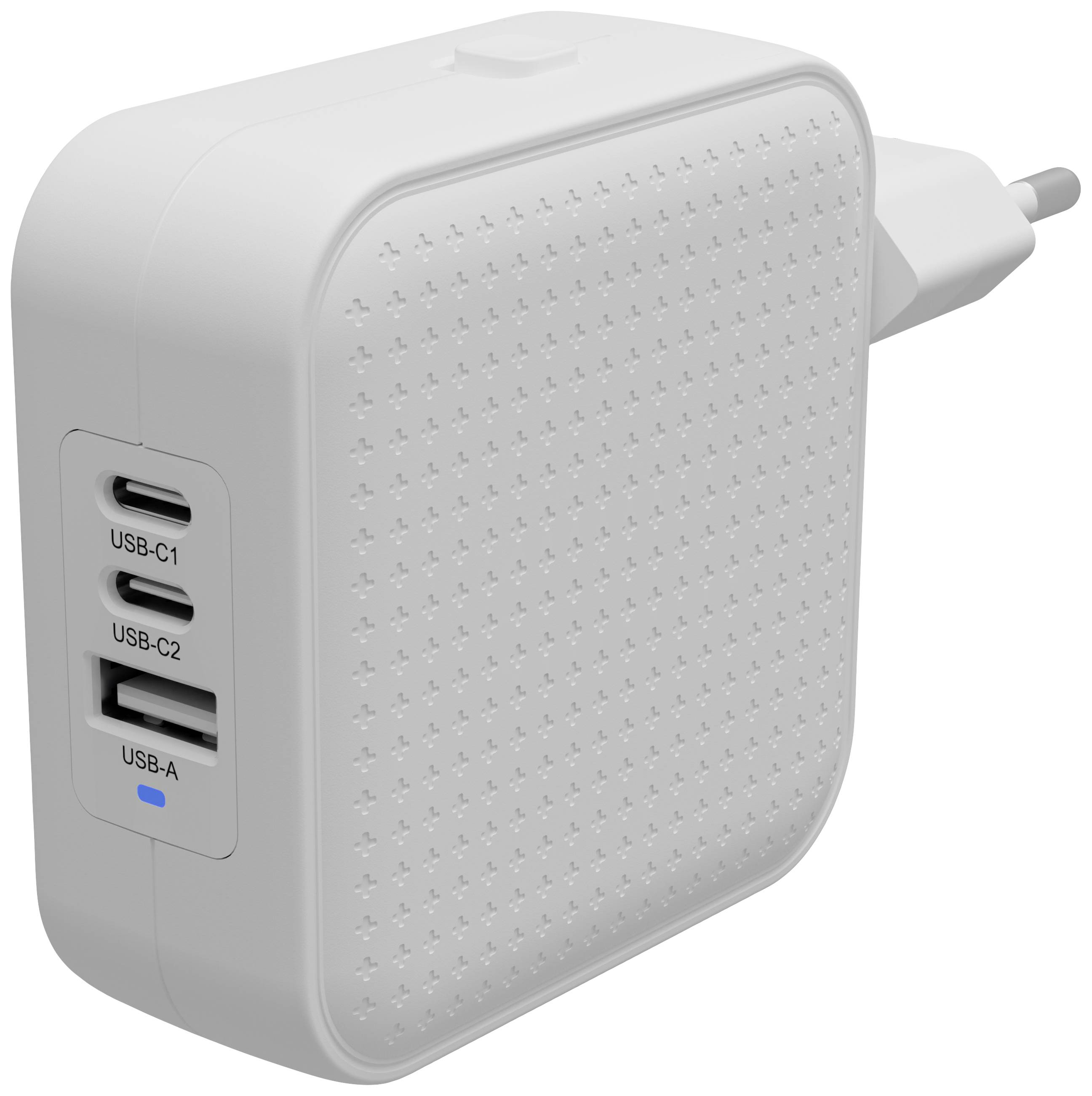 Weißes USB-Ladegerät mit drei Anschlüssen an der Seite, zwei USB-C und ein USB-A.