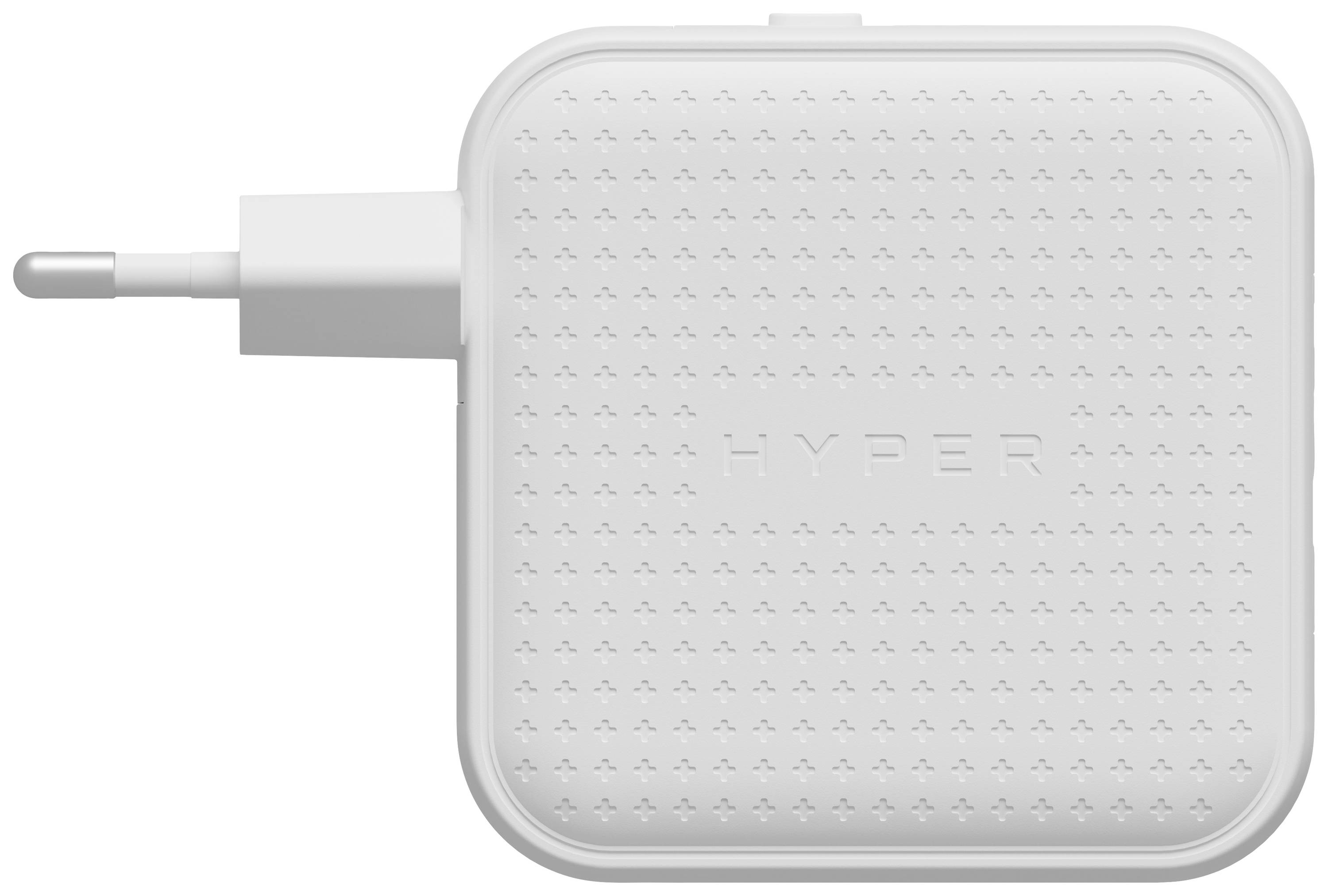 Ein weißes, quadratisches Ladegerät mit Netzstecker und der Aufschrift 'HYPER' auf der Vorderseite.