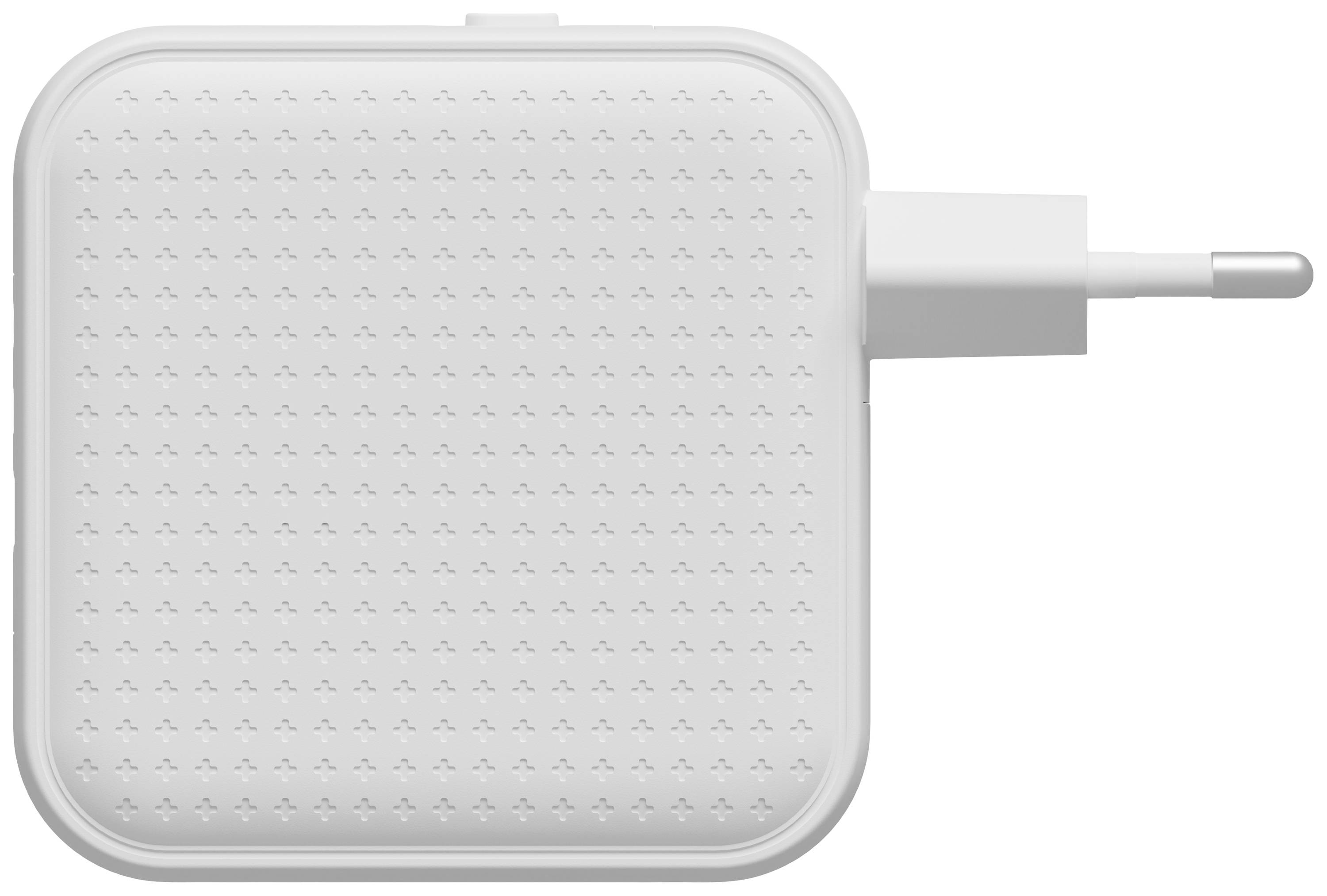 Quadratisches, weißes Ladegerät mit abgerundeten Ecken und geriffelter Oberfläche. Ein Ladestecker ragt von der rechten Seite heraus.