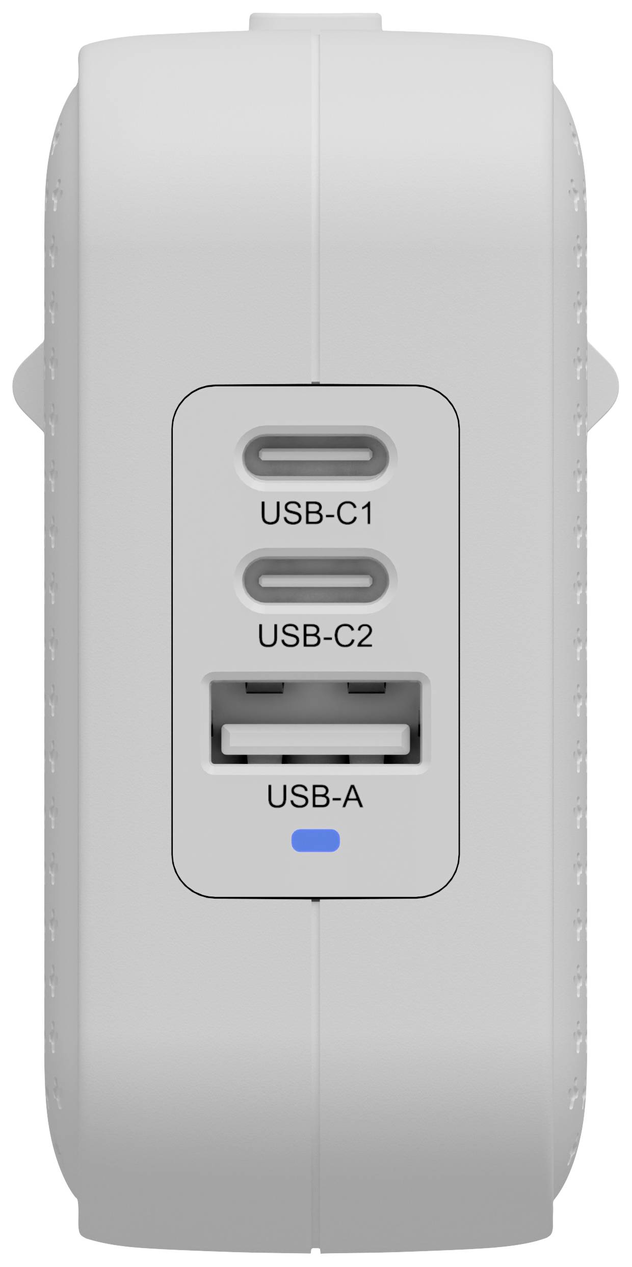 Powerbank mit drei Anschlüssen: zwei USB-C und ein USB-A, für gleichzeitiges Laden mehrerer Geräte. Weiße Oberfläche, blaue Ladeanzeige.