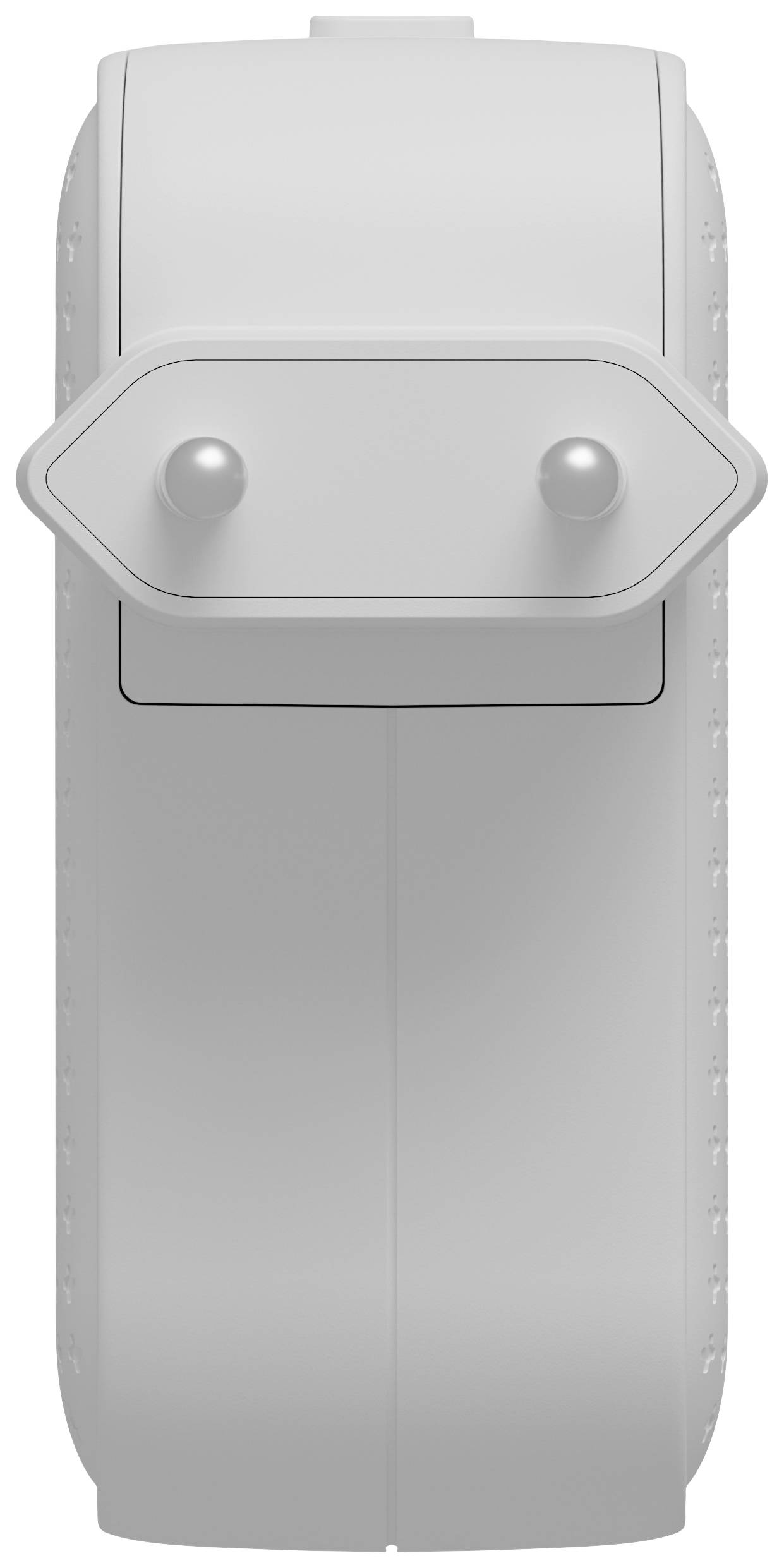 Unbekannter weißer Gegenstand in einer Form, die einer Taschenlampe oder ähnlichem Gerät ähnelt, mit zwei herausragenden Elementen vorne.