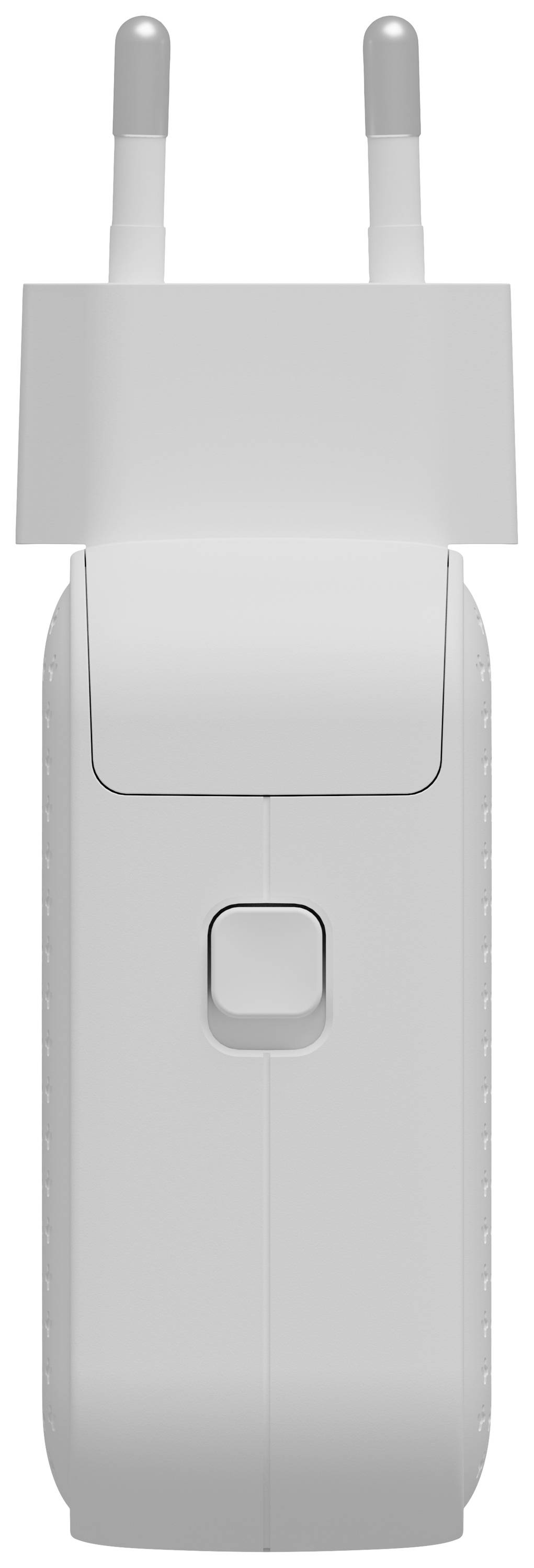 Steckdosenadapter, Vorderansicht. Zwei runde Metallkontakte oben. Schlichtes, weißes Design mit einem Schalter in der Mitte.